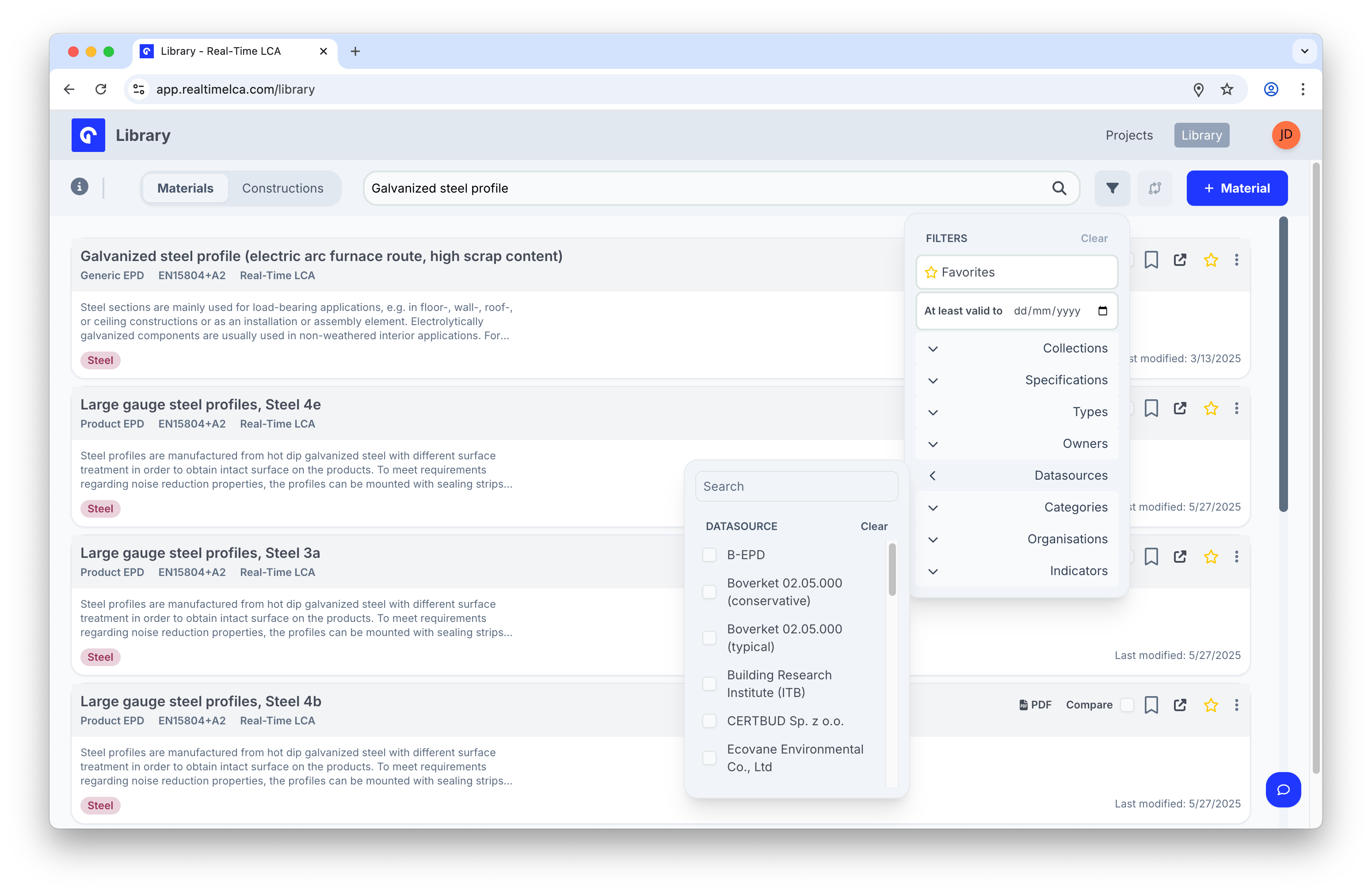 Datasource filter listing B-EPD, Bovateket, Building Research Institute, CERTBUD, Ecovave.