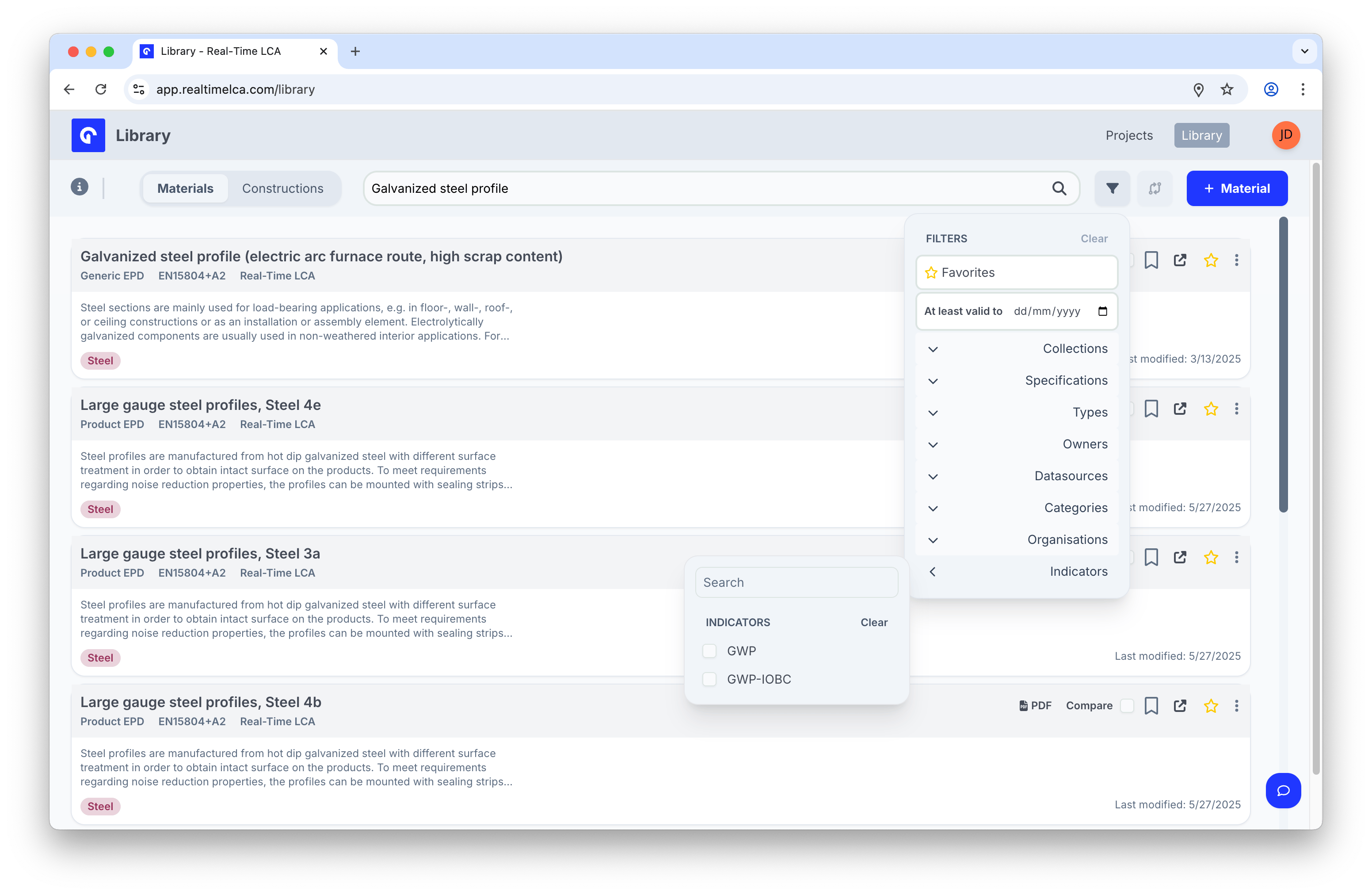 Indicators filter listing GWP and GWP-IOBC.