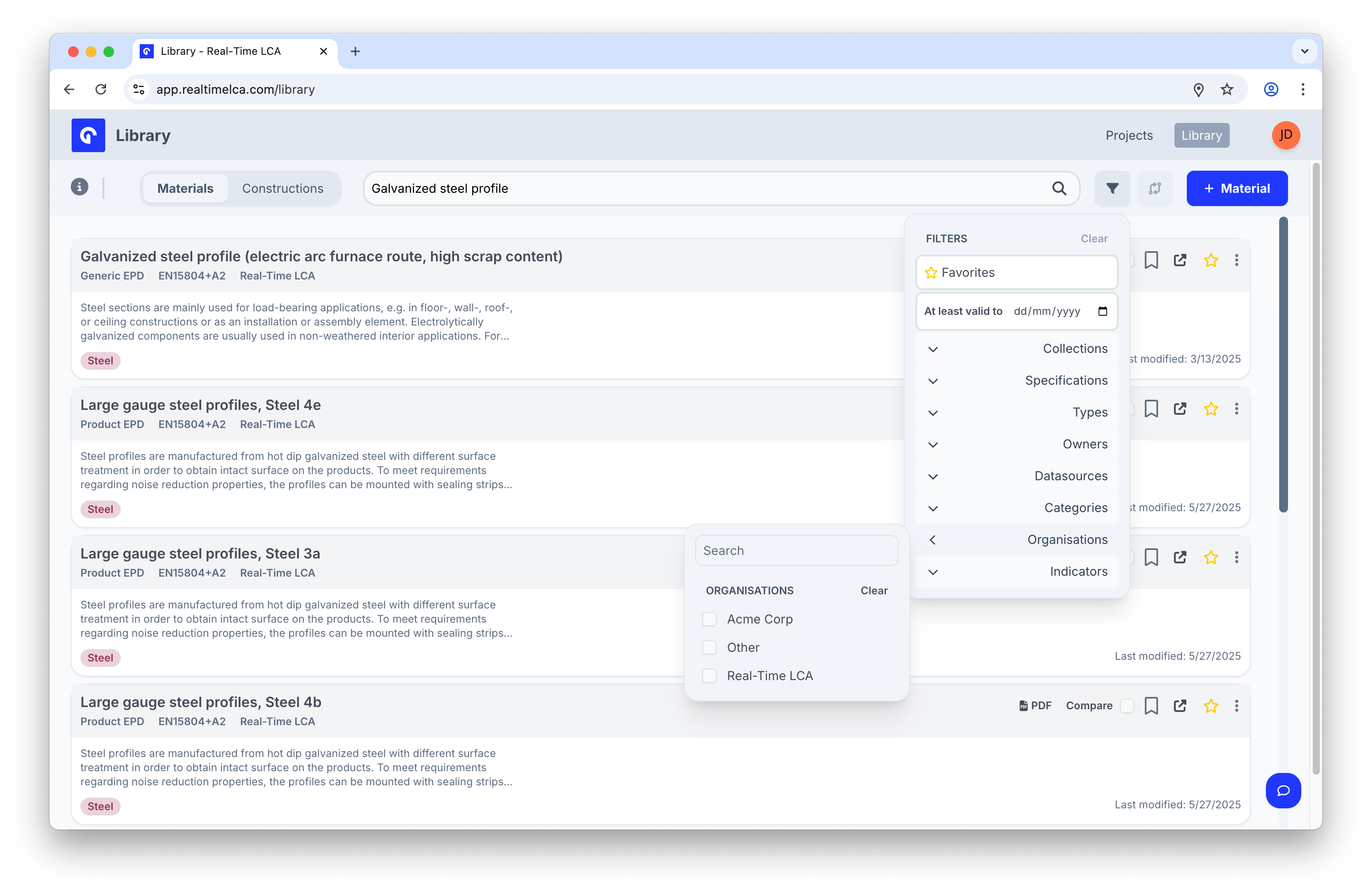 Organisations filter listing Acme Corp, Other, and Real-Time LCA.