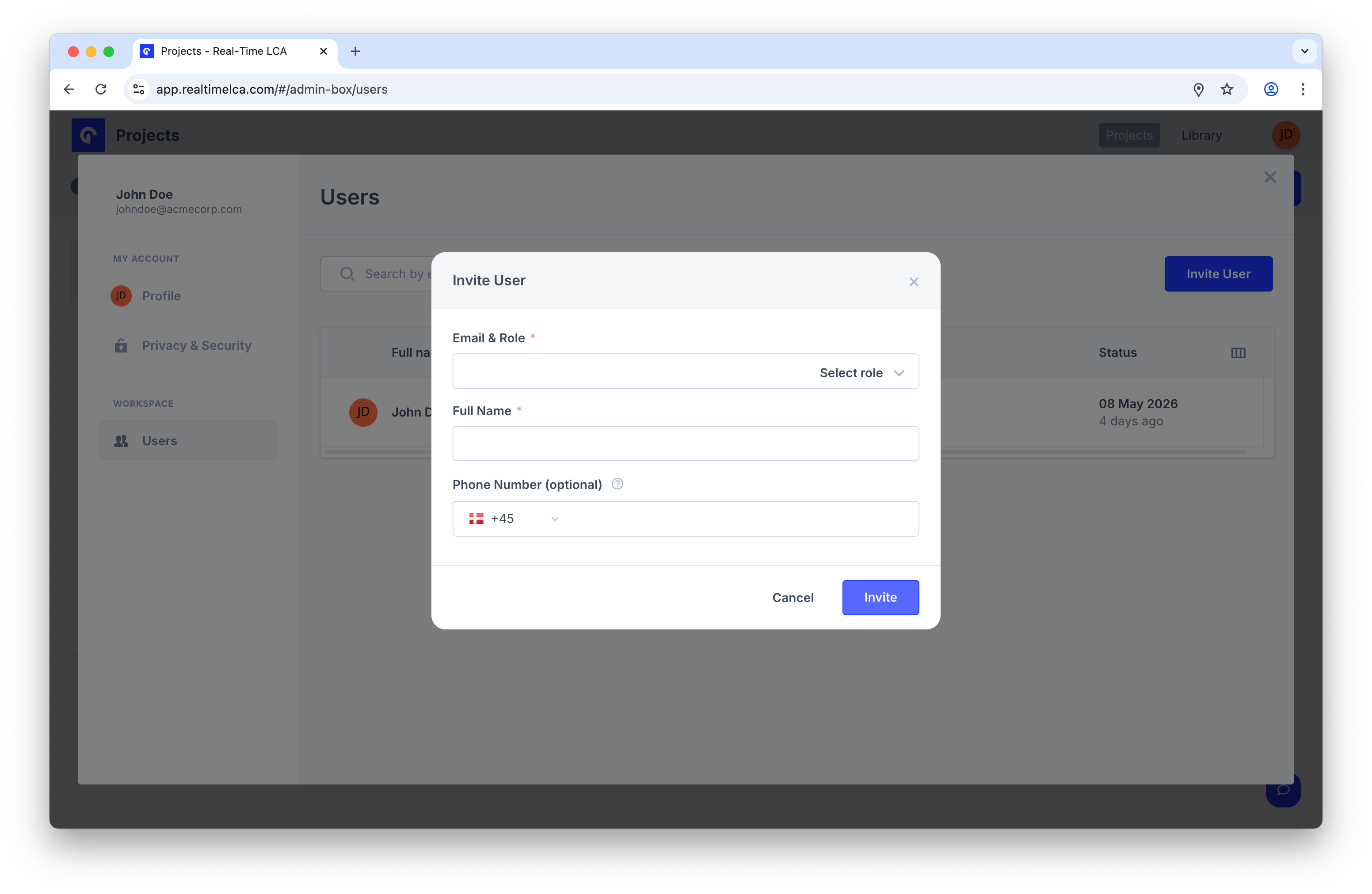 Invite User modal with Email & Role, Full Name, and Phone Number fields.