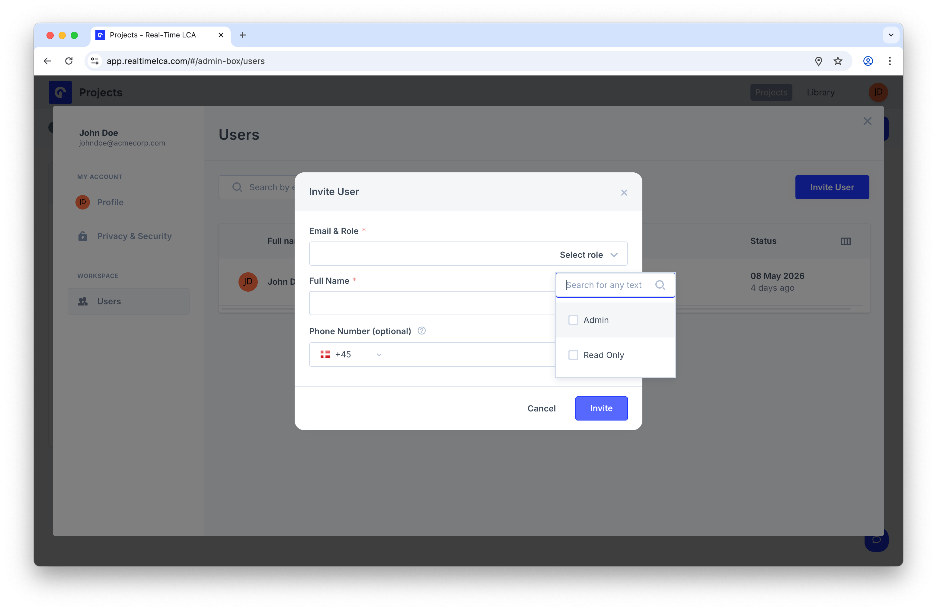 Role dropdown with Admin and Read Only options.