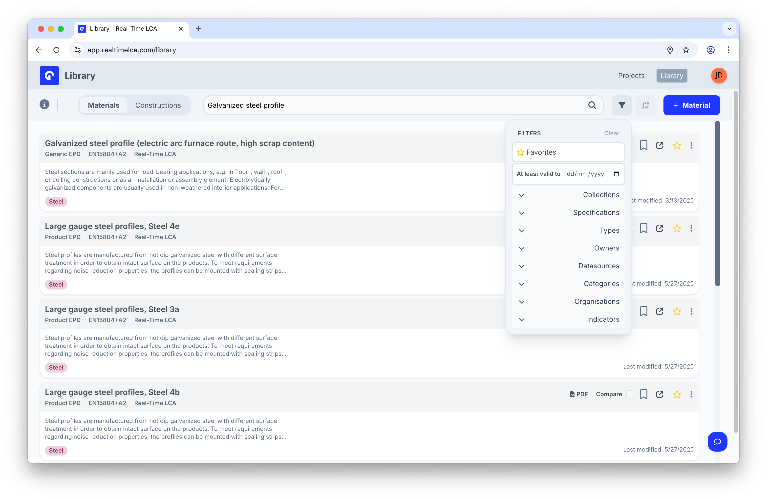 Filters panel with Favorites, At least valid to, Collections, Specifications, Types, Owners, Datasources, Categories, Organisations, and Indicators.