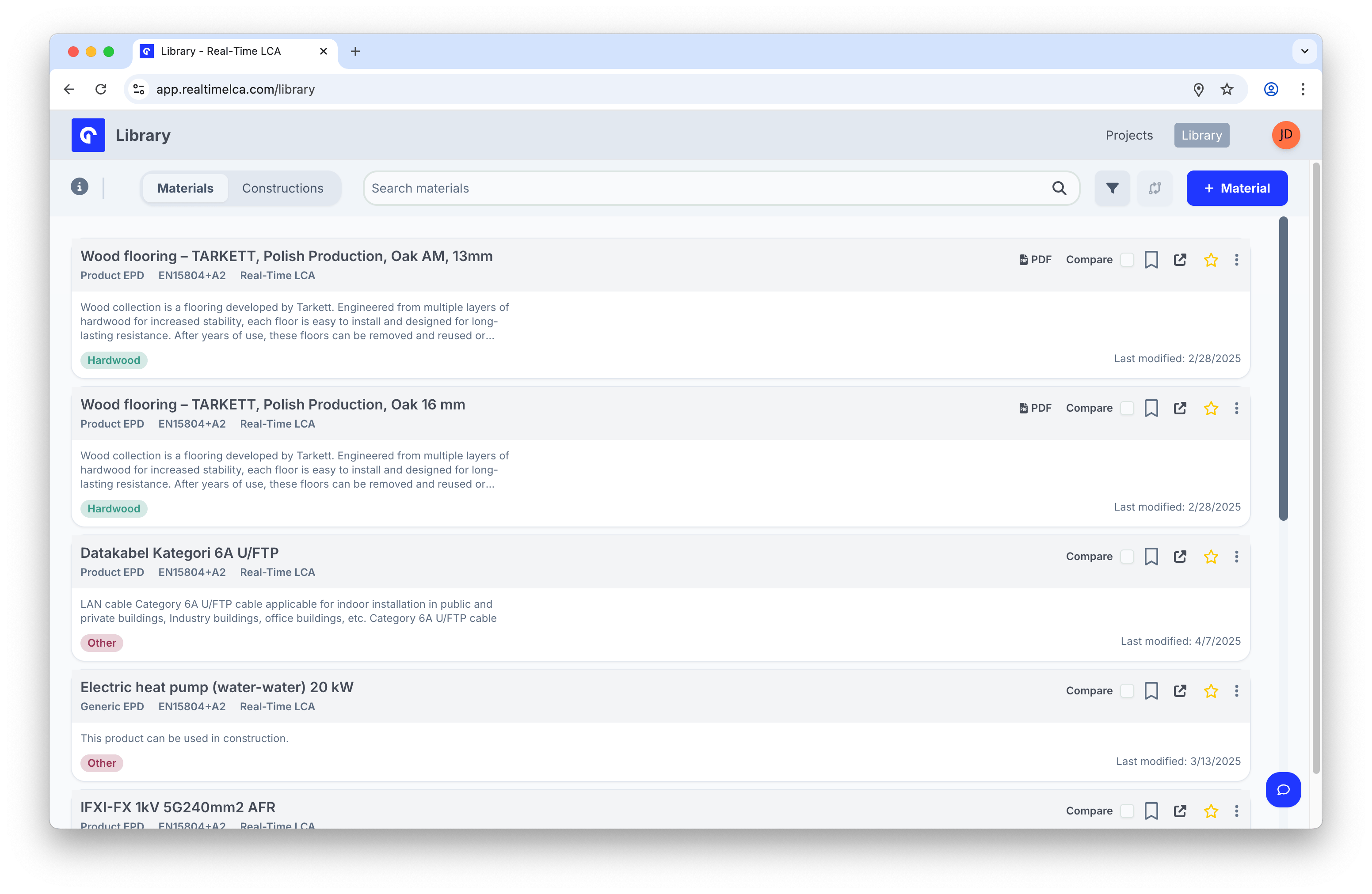 Materials tab in the Library with EPDs listed by name, type, and last modified date.