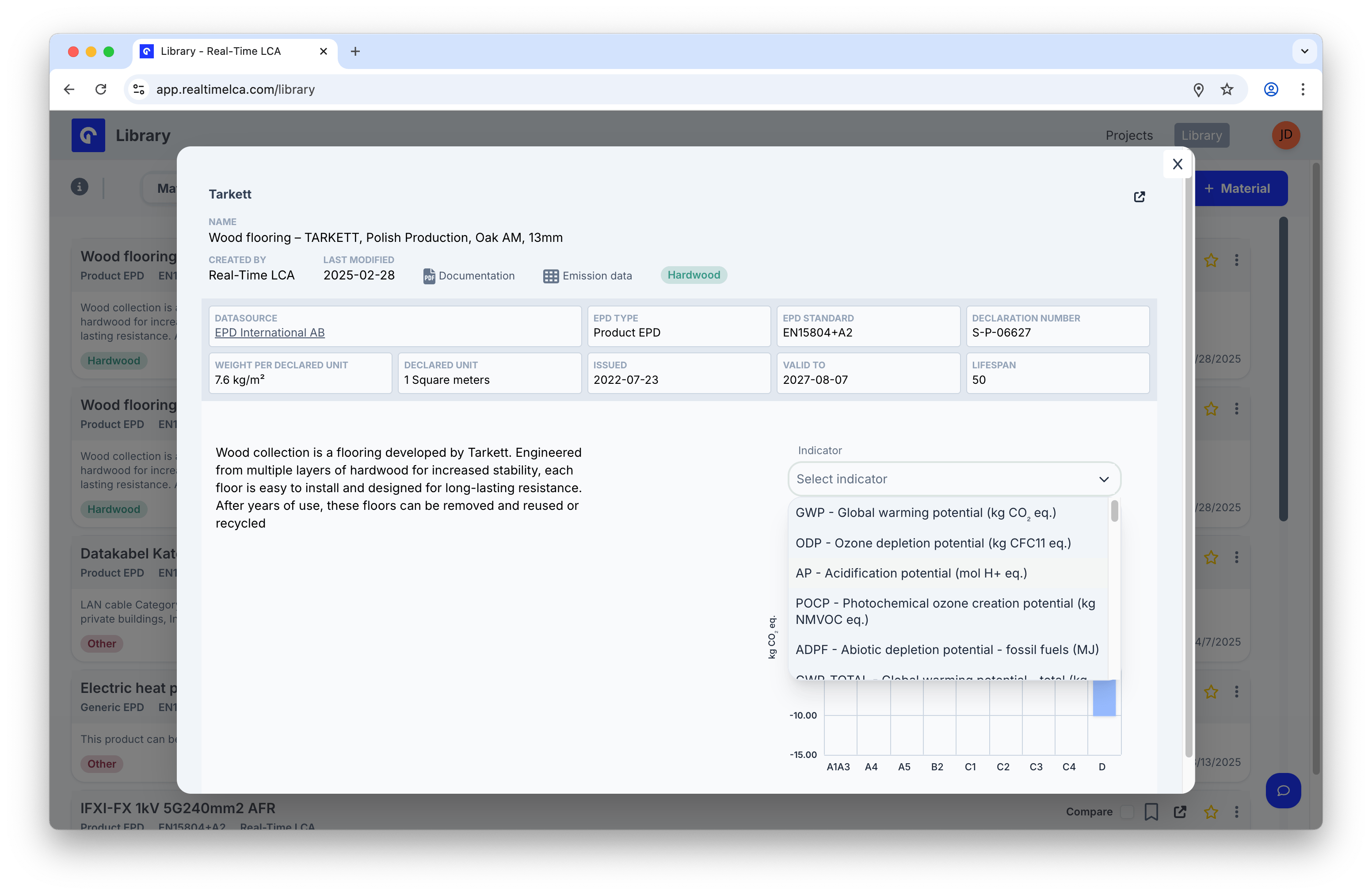 Indicator dropdown listing GWP, ODP, AP, POCP, and ADPF among others.