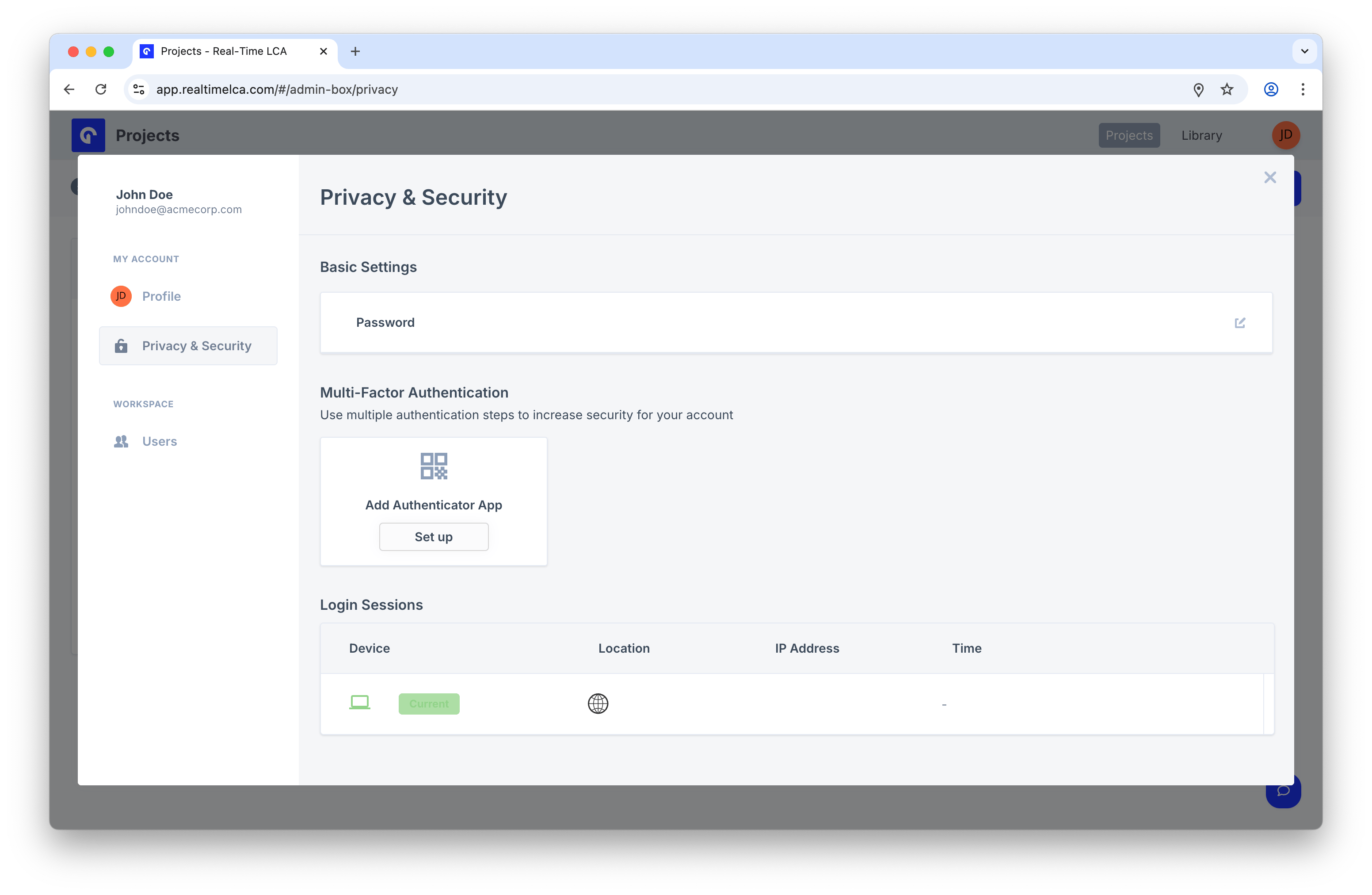 Privacy & Security page with Password, Multi-Factor Authentication, and Login Sessions sections.