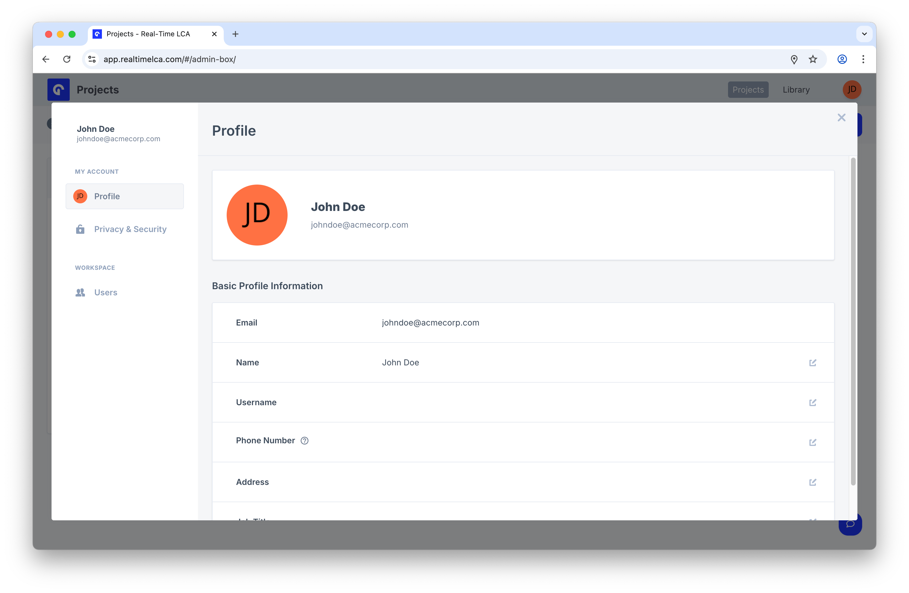 Profile page showing avatar, Basic Profile Information with Email, Name, Username, Phone Number, Address, and Job Title fields.
