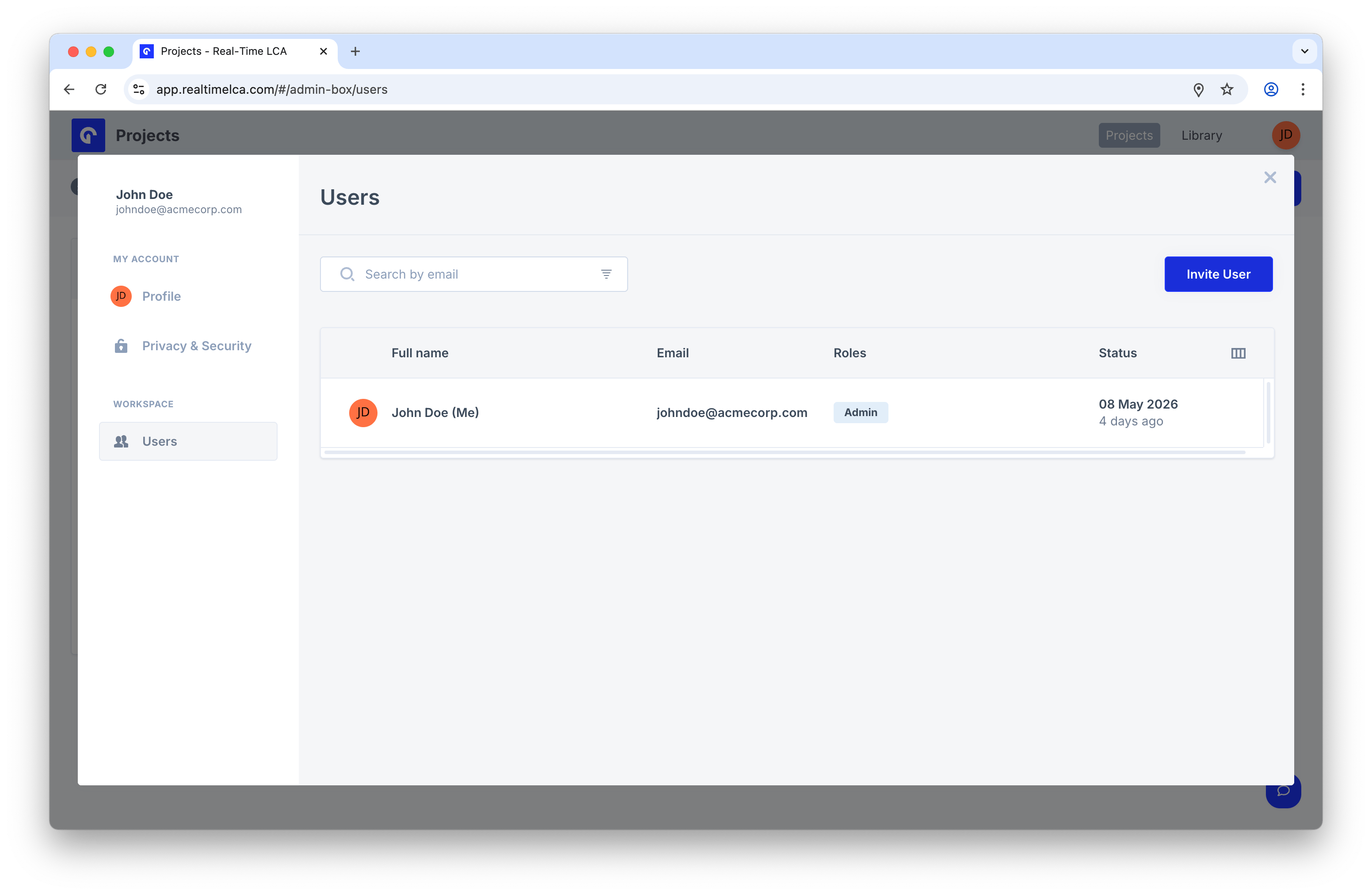 Users page listing the signed-in user and an Invite User button.