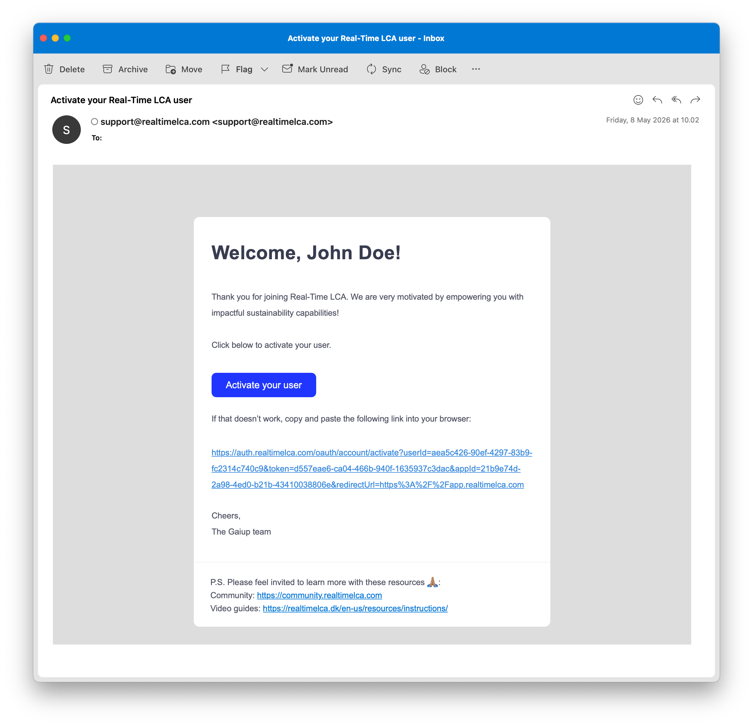 Activation email showing the Activate your user button and a fallback activation link.