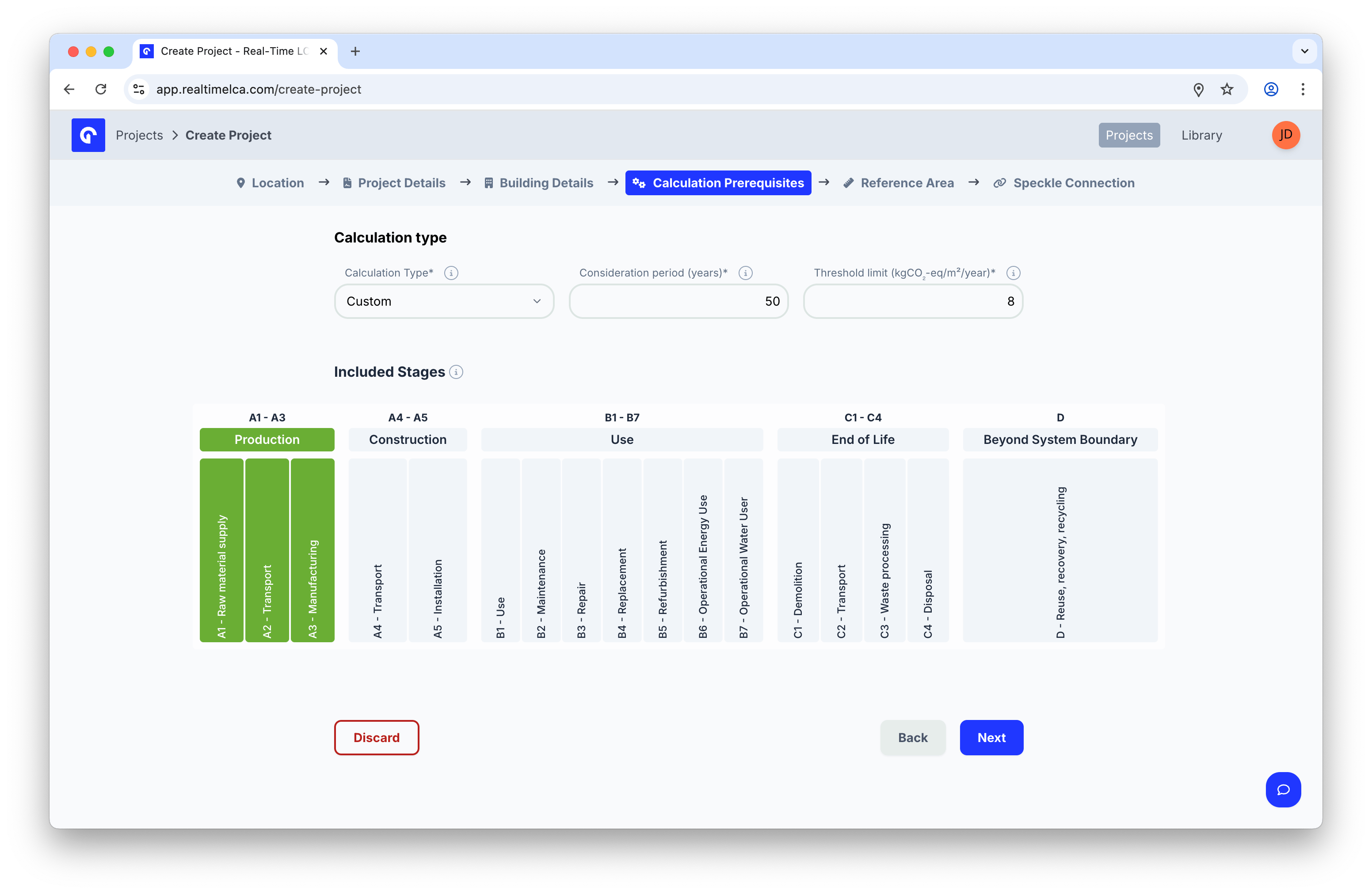 Calculation Prerequisites step with the consideration period, threshold, and included stages locked by the selected calculation type.