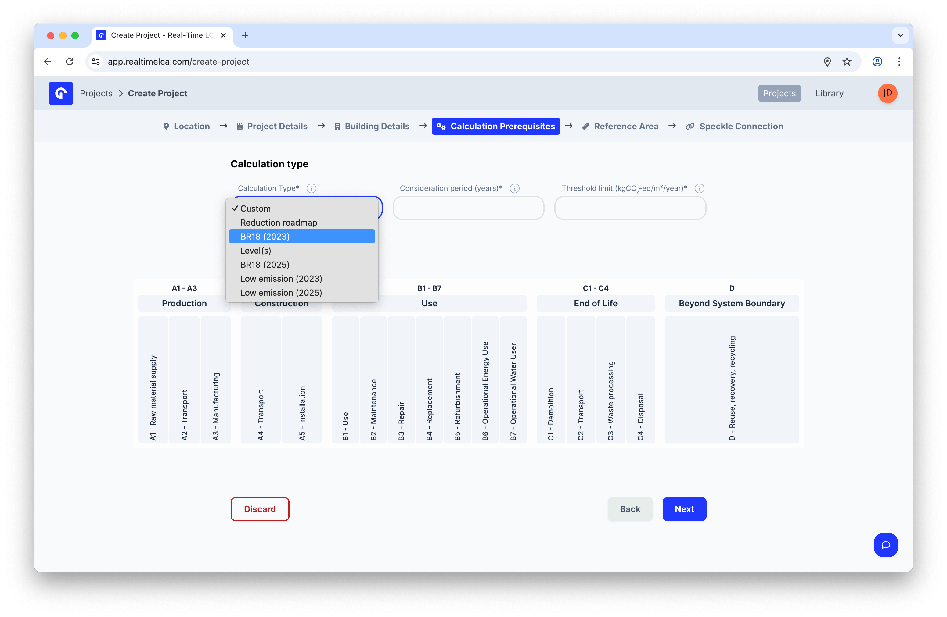 Calculation Type dropdown listing the calculation types available for the selected country.