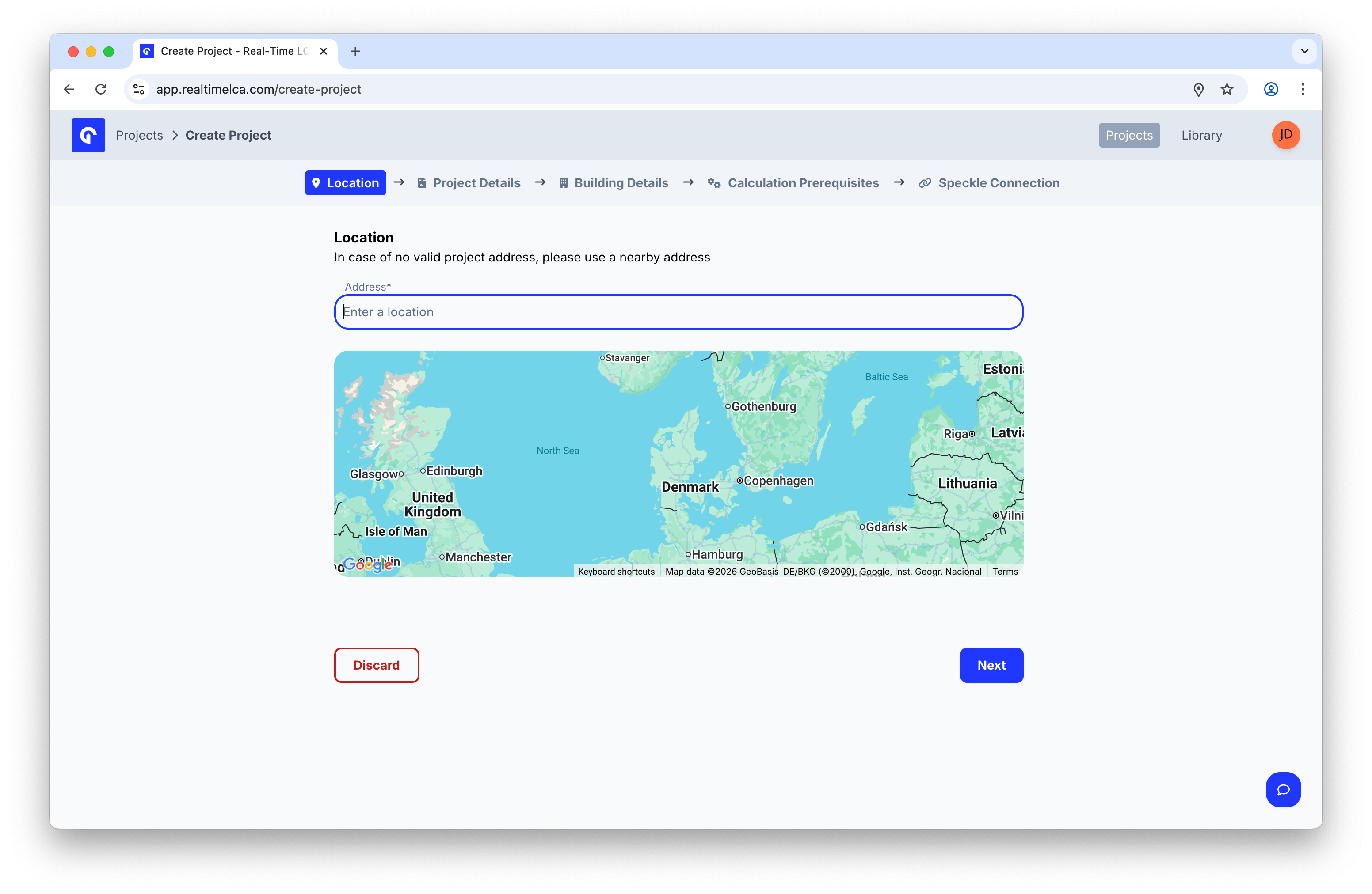Location step with an empty address field and a map of northern Europe.