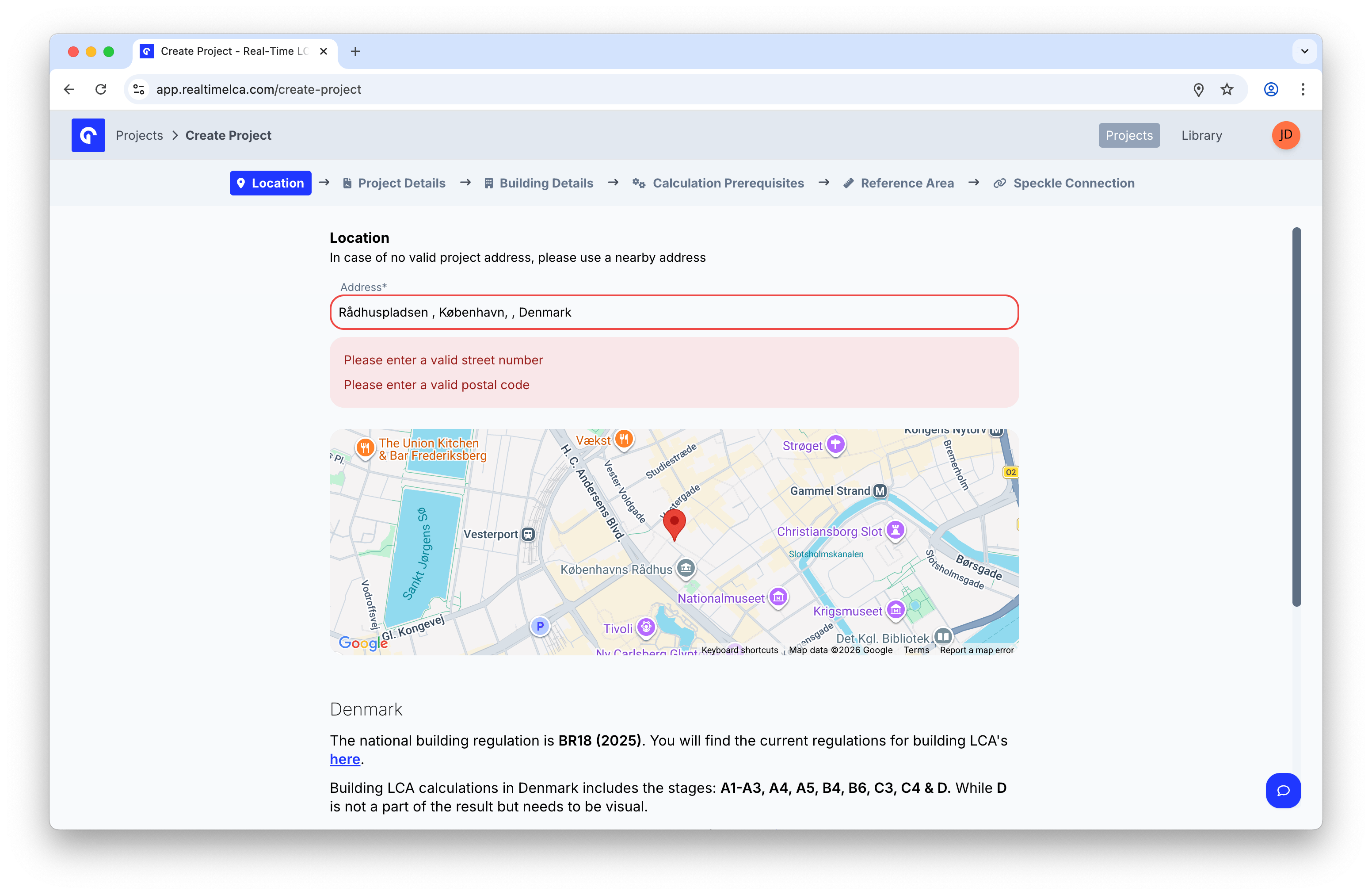Location step showing Please enter a valid street number and Please enter a valid postal code errors.