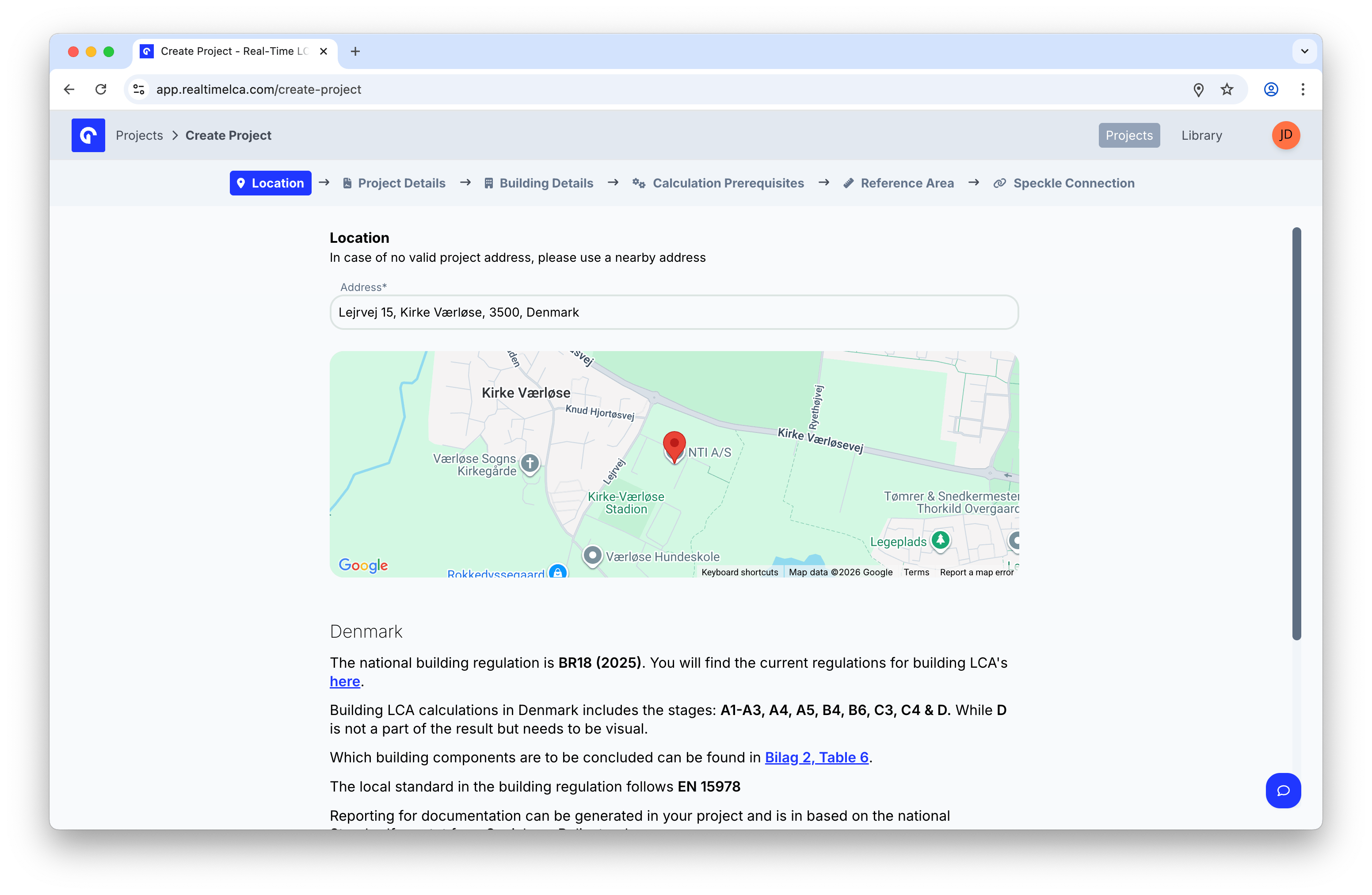 Location step with a valid Danish address and regulation guidance for Denmark.