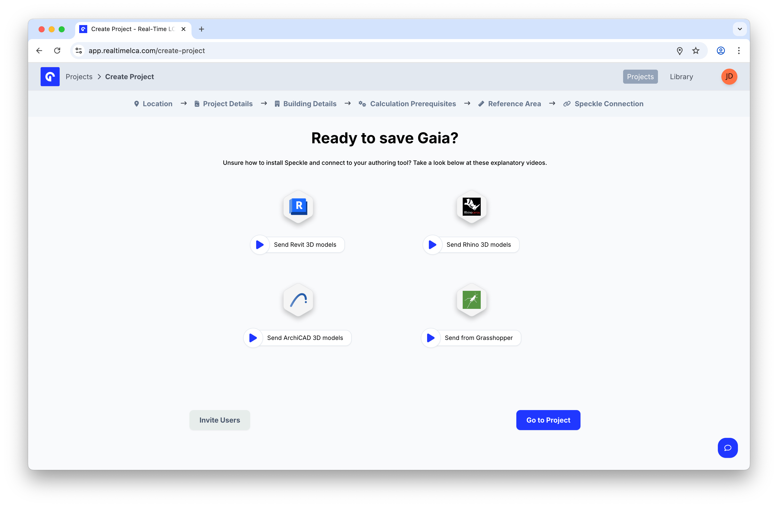 Ready to save screen with tutorial videos for Revit, Rhino, ArchiCAD, and Grasshopper, plus Invite Users and Go to Project buttons.