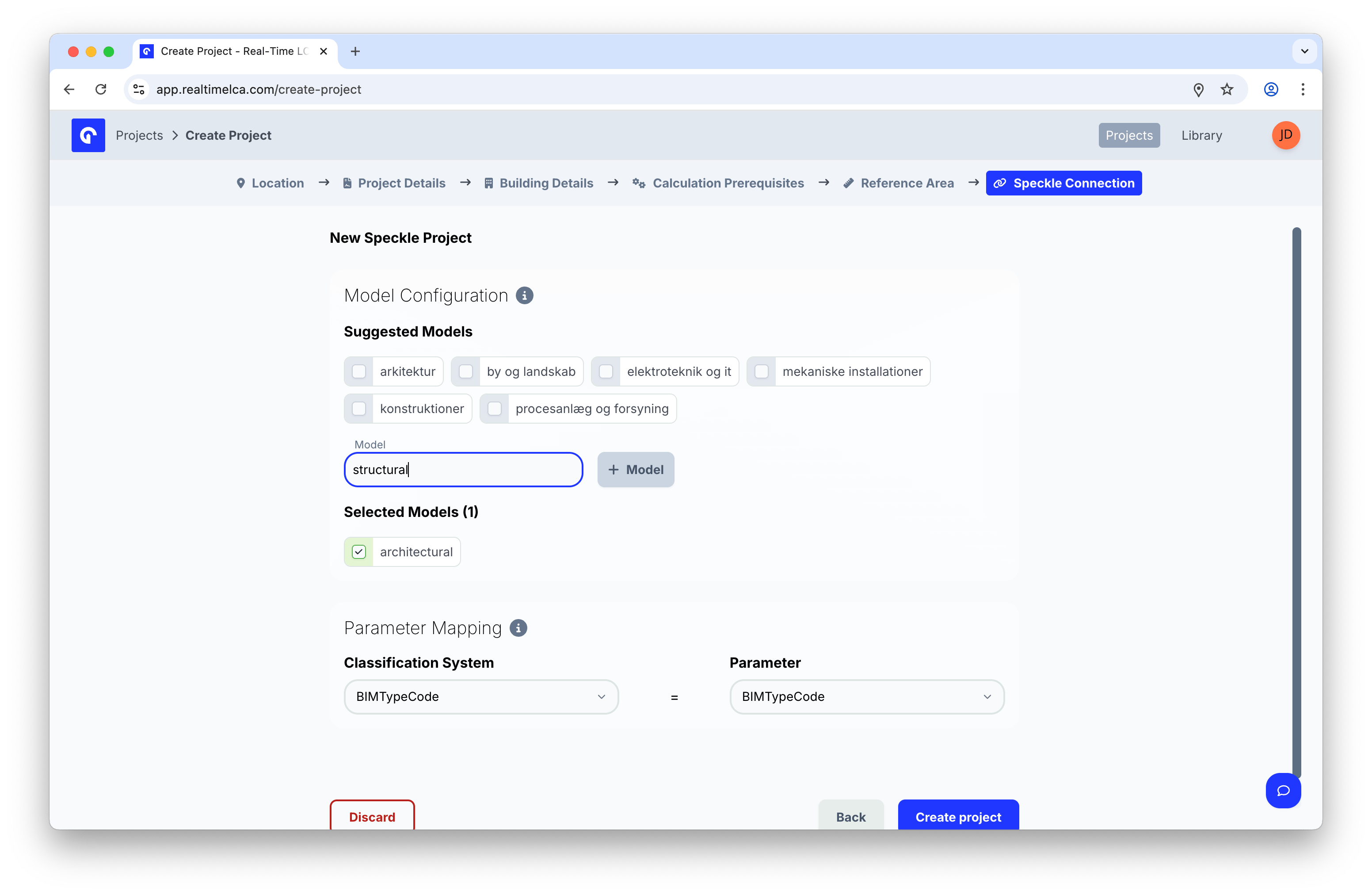 Model Configuration step showing suggested models, a model search, selected models, and Parameter Mapping with BIMTypeCode = BIMTypeCode.