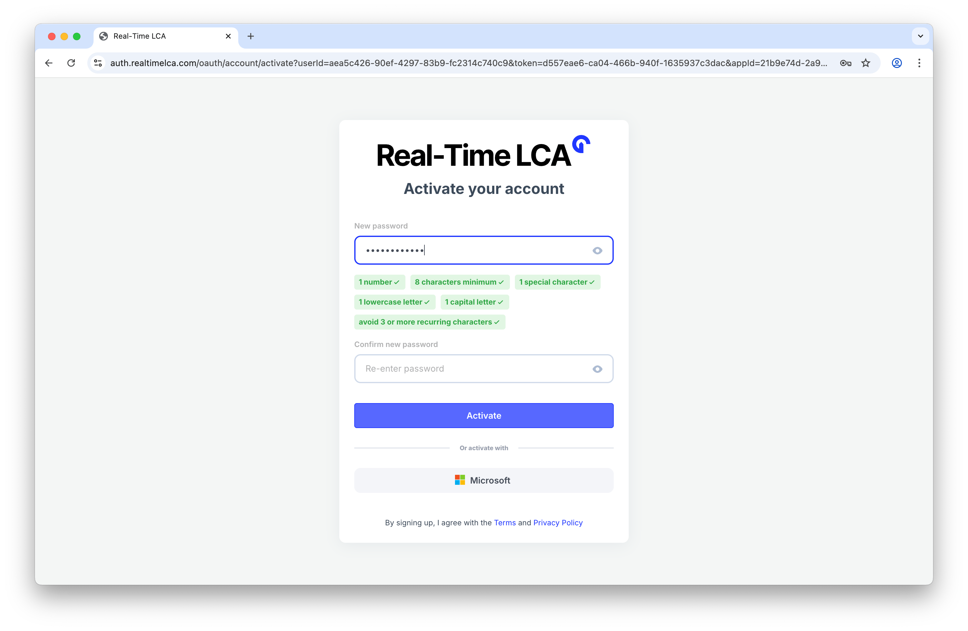 Activation form showing all password requirement chips turned green.