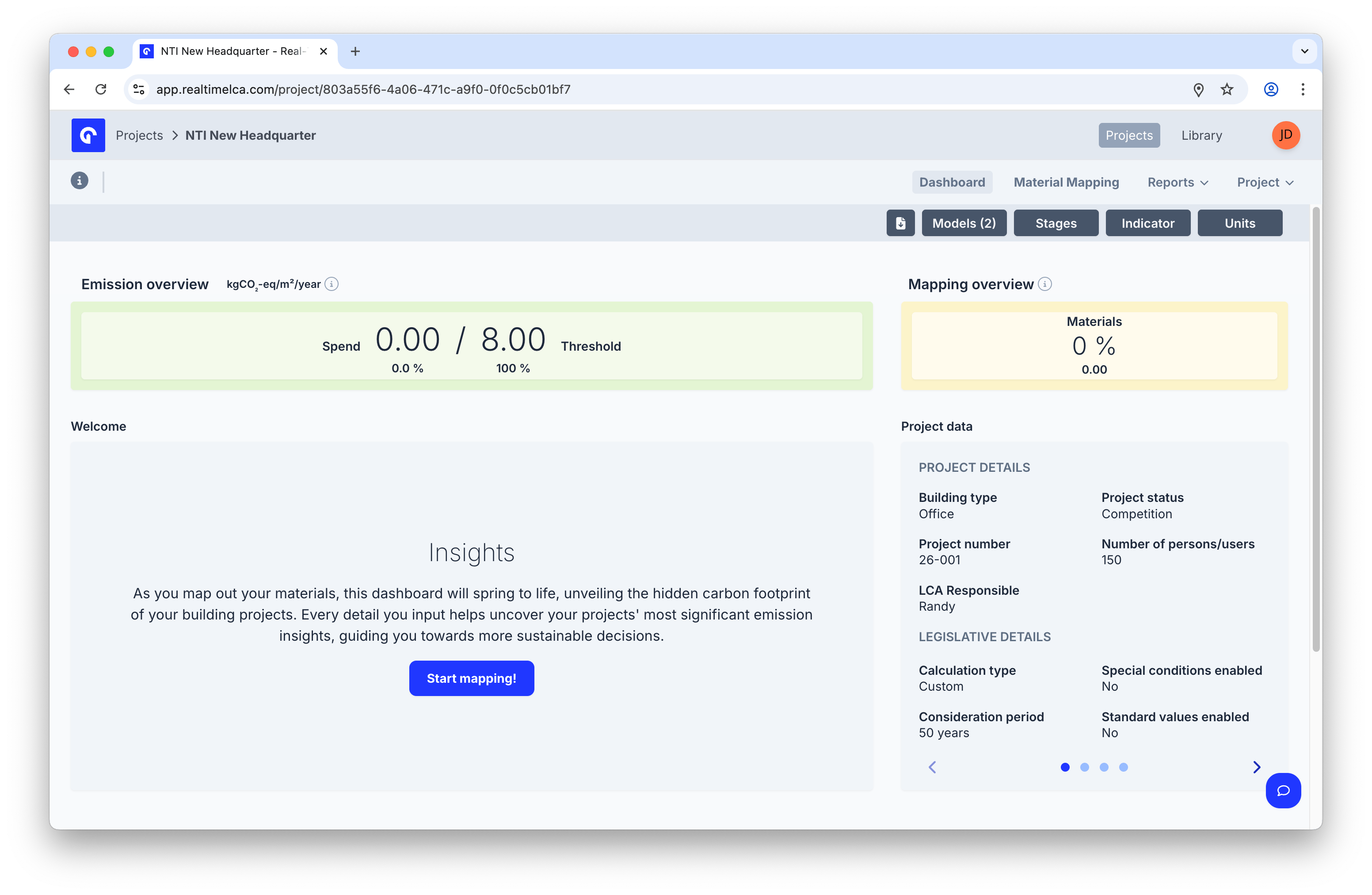Project dashboard with Emission overview, Mapping overview, an Insights placeholder, and a Project data sidebar.