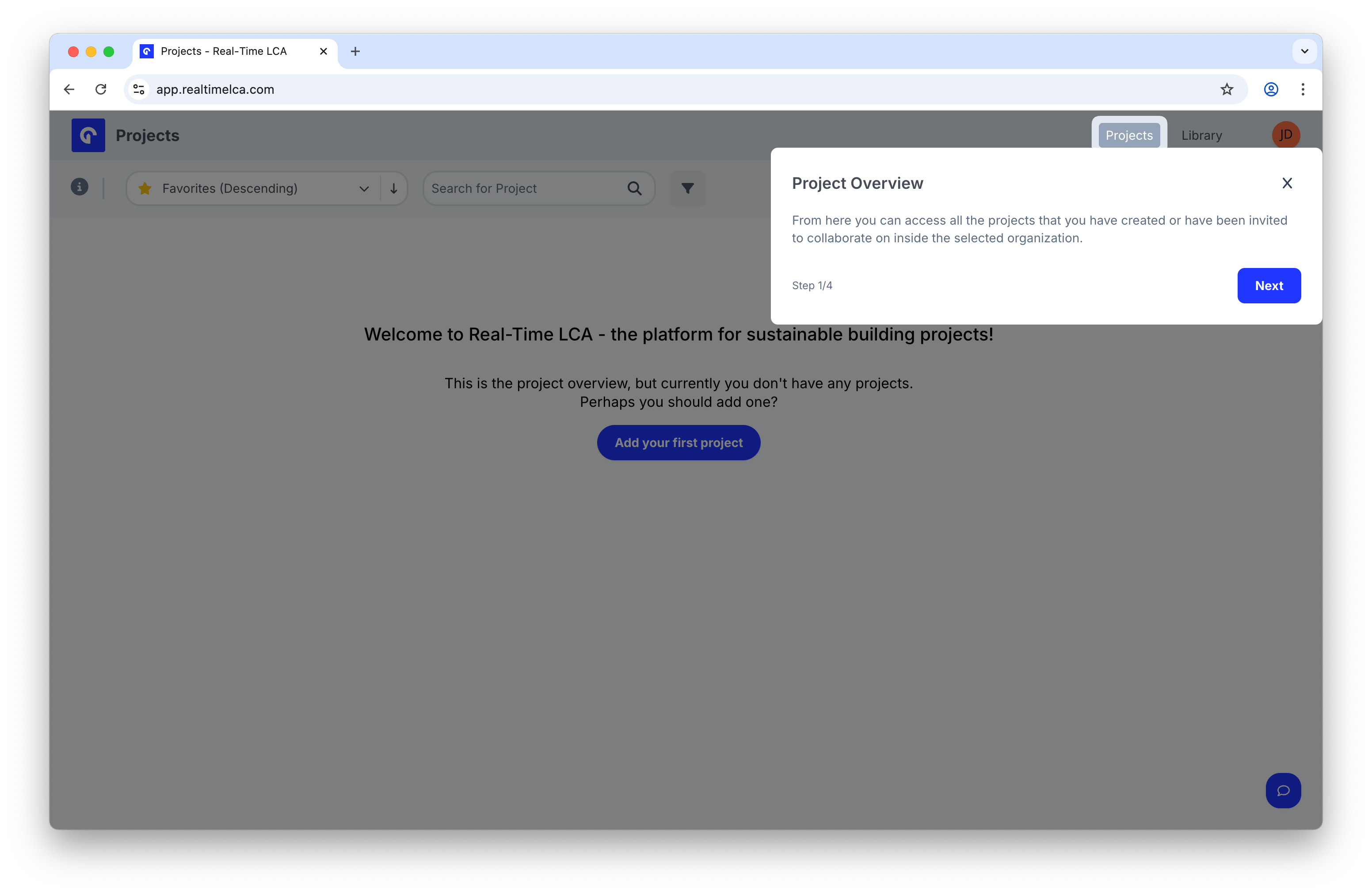 Projects page with a Project Overview onboarding tooltip explaining that you can access projects you created or have been invited to.