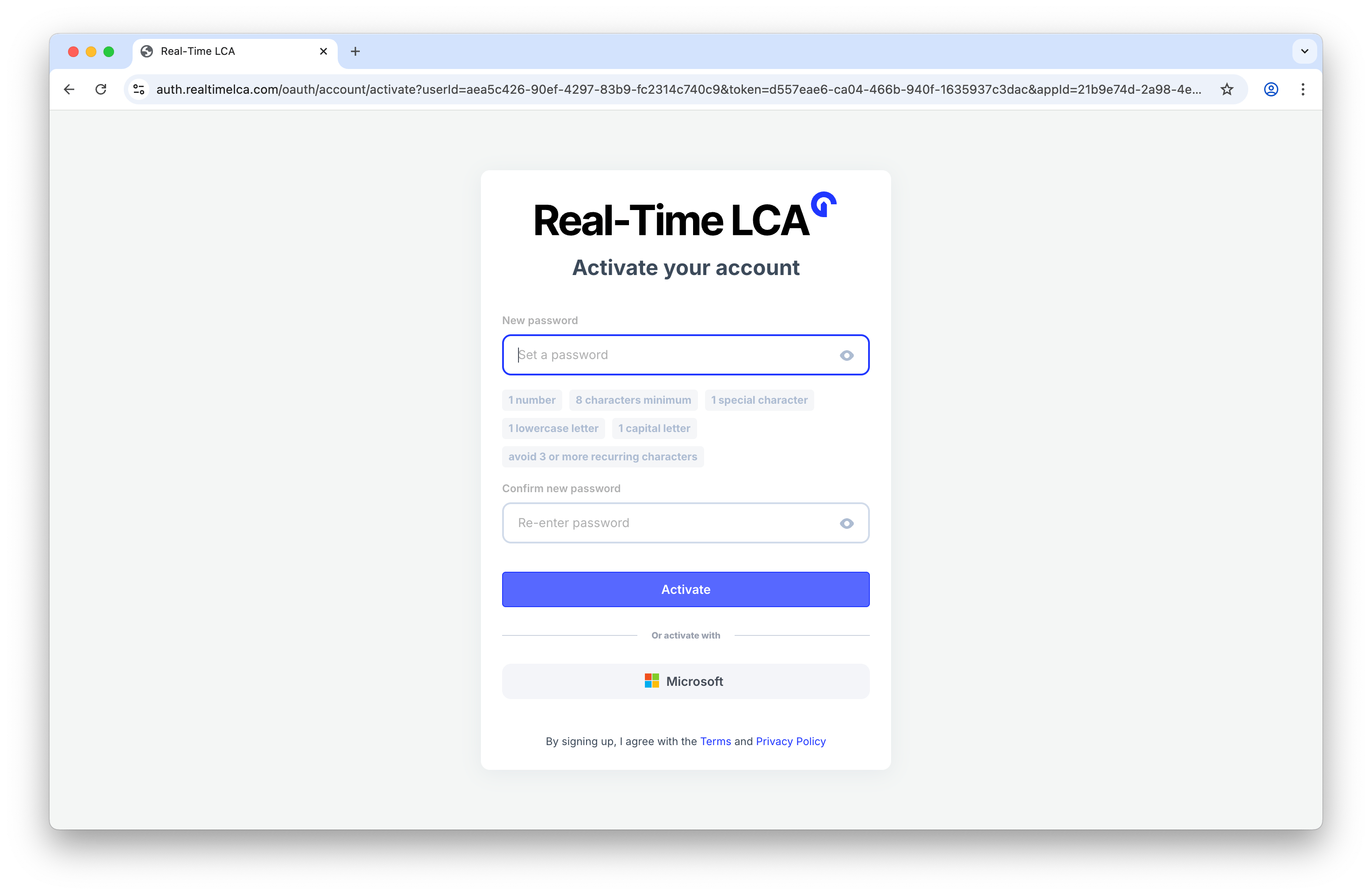 Activate your account form with empty New password and Confirm new password fields.