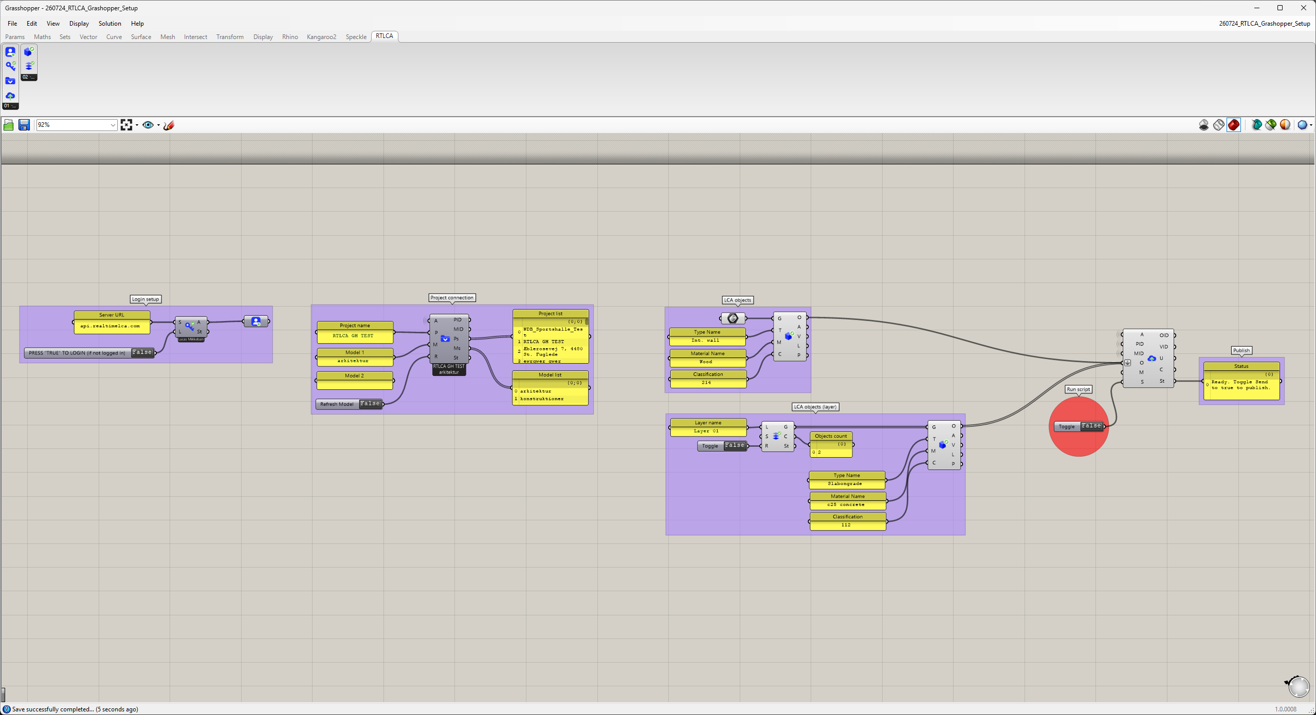 Example Grasshopper definition with Login setup, Project connection, LCA objects, LCA objects (layer), and Publish groups