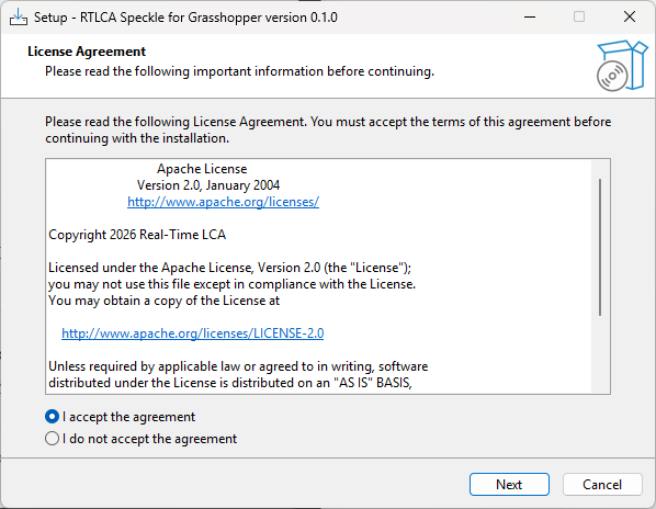 RTLCA Speckle for Grasshopper setup wizard showing the Apache License 2.0 agreement