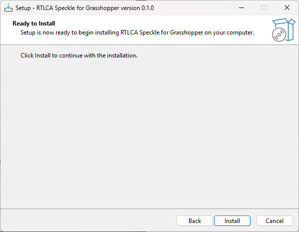 RTLCA Speckle for Grasshopper setup wizard on the Ready to Install screen