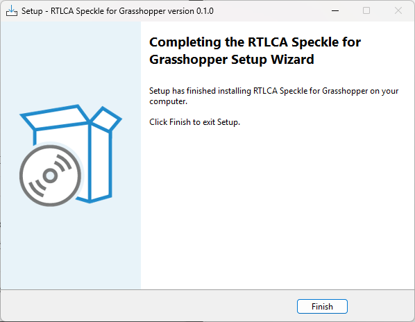 RTLCA Speckle for Grasshopper setup wizard confirming the installation is complete