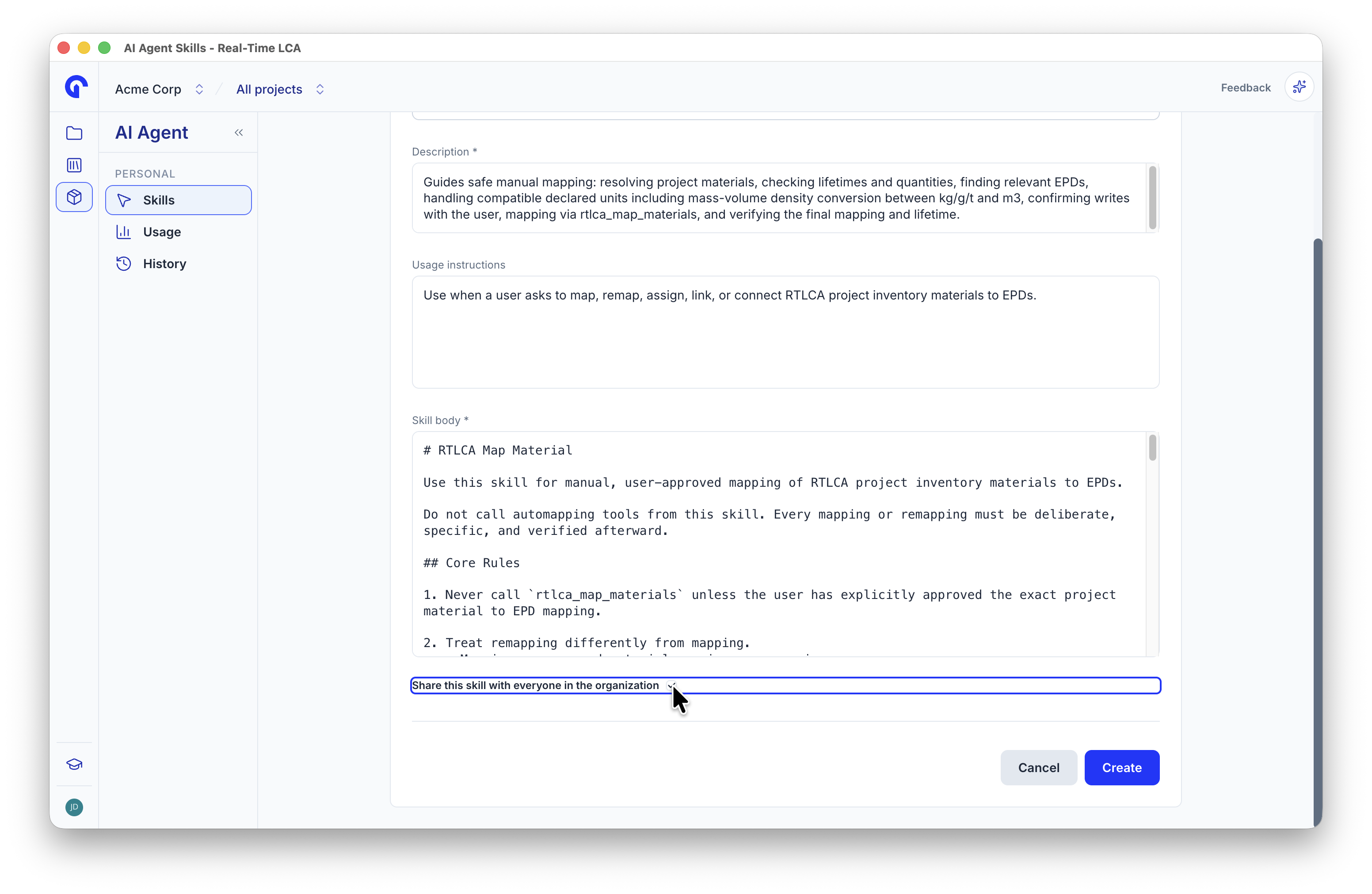 Bottom of the Duplicate Skill form with the share-with-organization checkbox and the Create button.