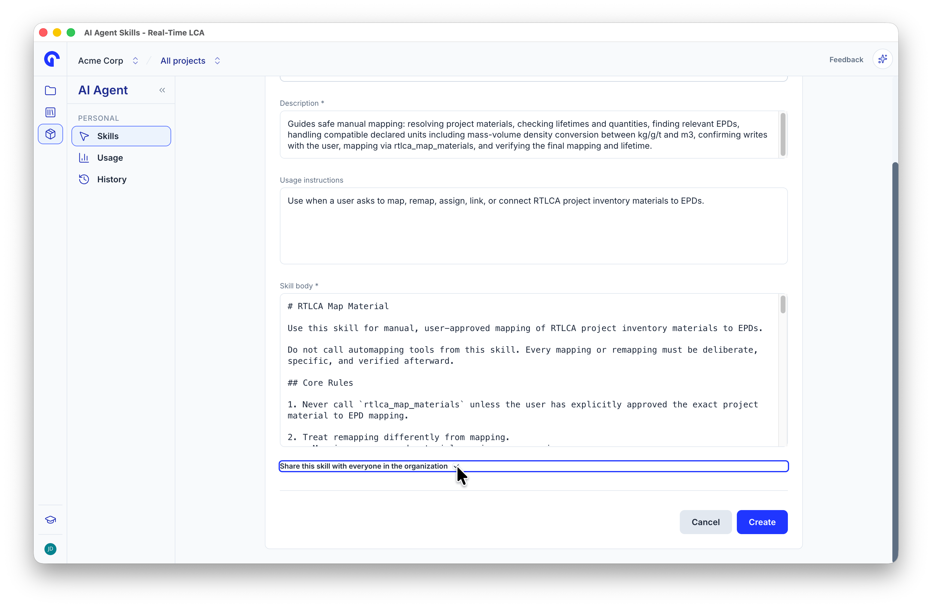 Bottom of the Duplicate Skill form with the share-with-organization checkbox and the Create button.