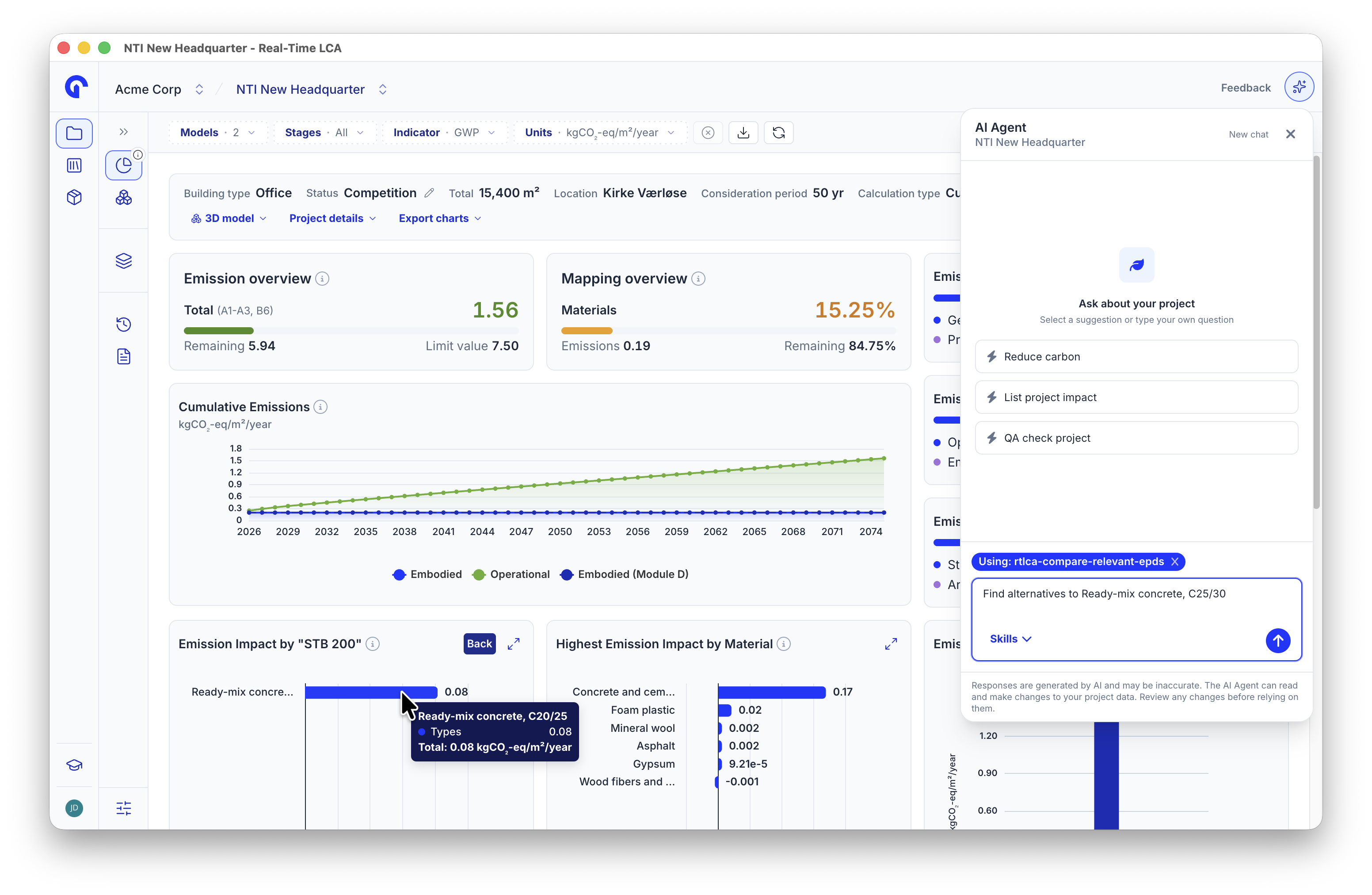 AI Agent panel on a project dashboard with a Using: rtlca-compare-relevant-epds chip above a prompt asking for alternatives to a concrete.