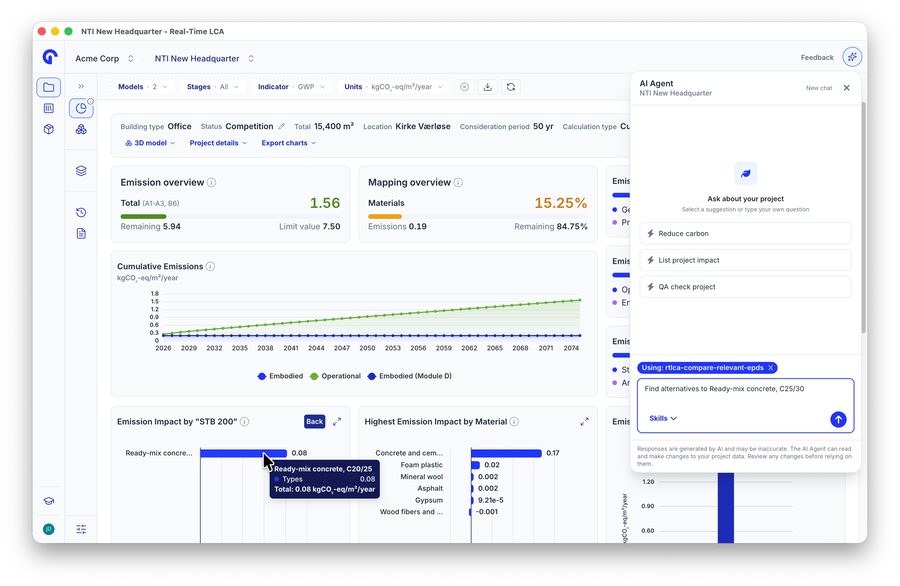 AI Agent panel on a project dashboard with a Using: rtlca-compare-relevant-epds chip above a prompt asking for alternatives to a concrete.