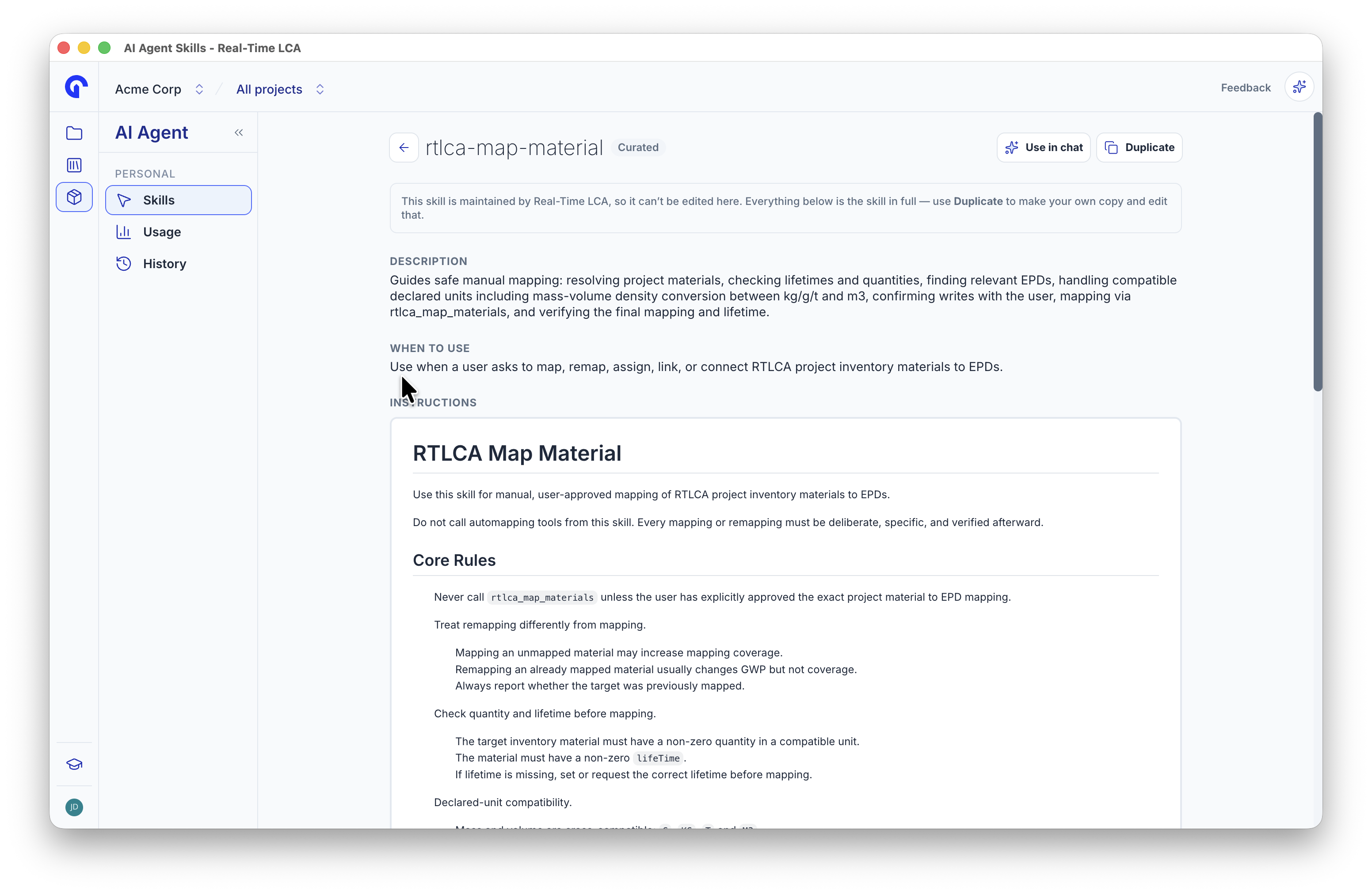 Detail page for the rtlca-map-material skill showing its description, when-to-use text, and the rendered instructions.
