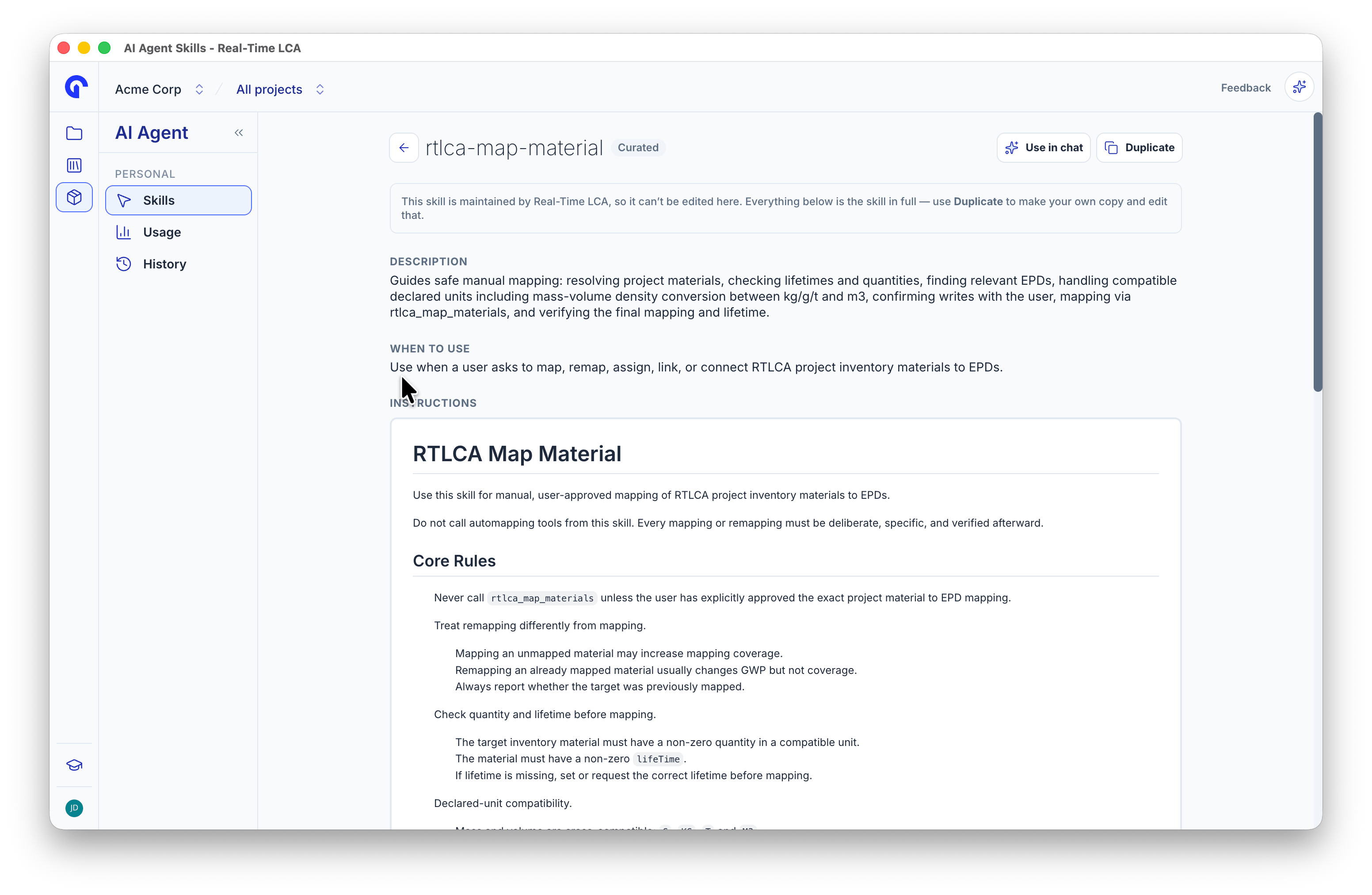 Detail page for the rtlca-map-material skill showing its description, when-to-use text, and the rendered instructions.