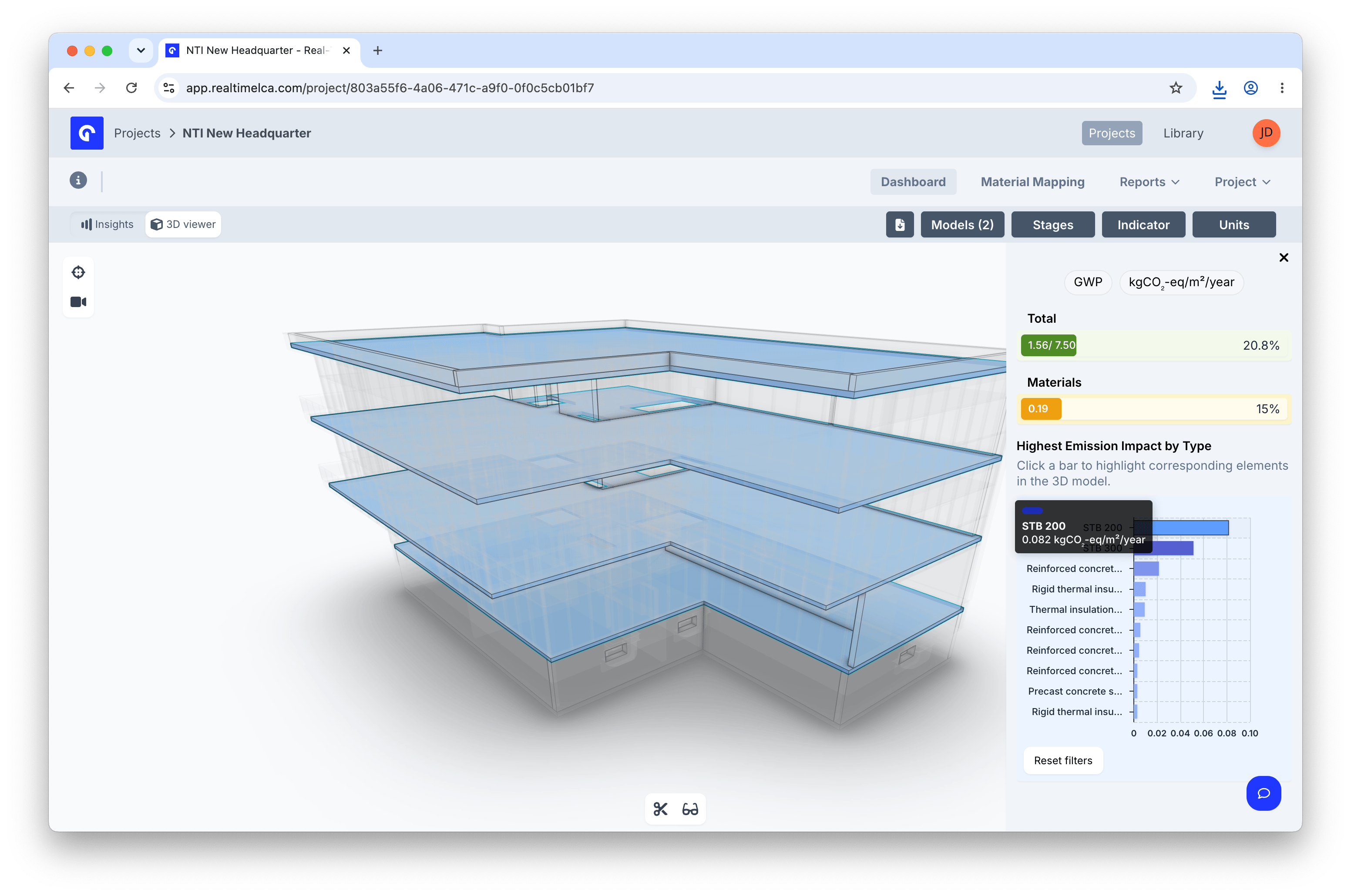 3D viewer with floors exploded and STB 200 selected in the side panel, with a tooltip showing 0.083 kgCO2-eq/m2/year.
