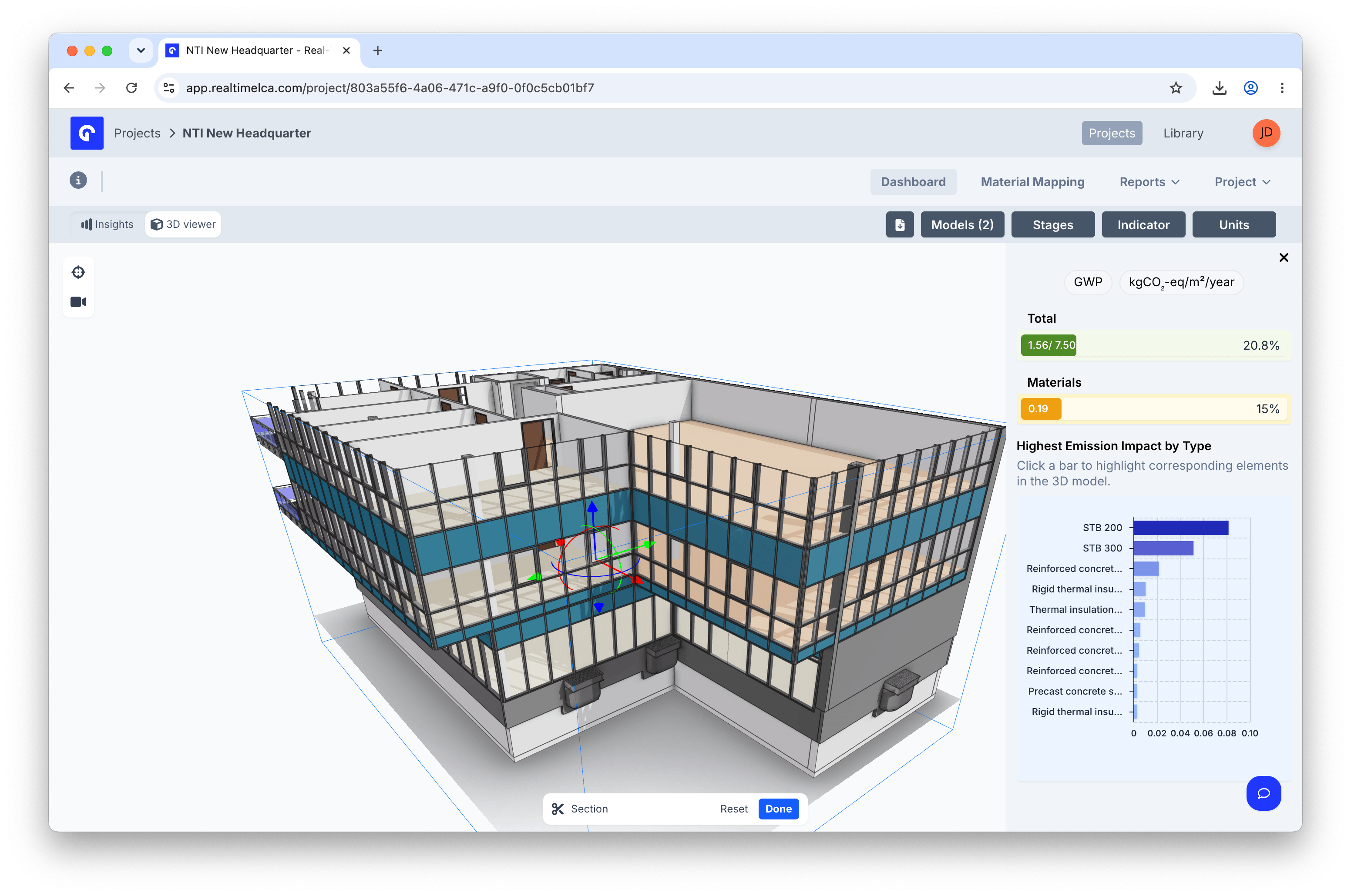 3D viewer with the Section tool active, showing a cut plane through the building exposing the interior.