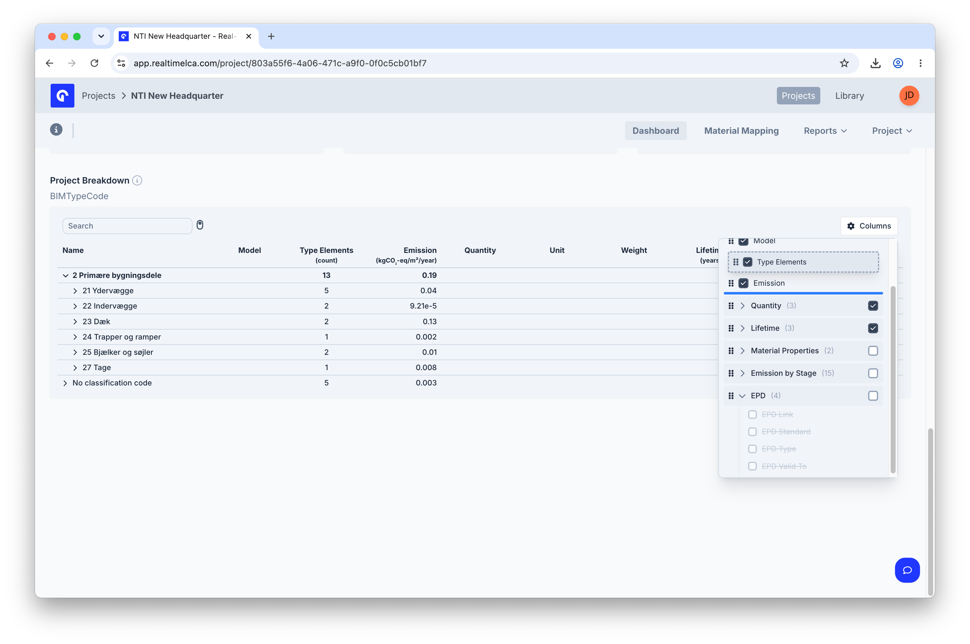 Columns picker showing groups Model, Type Elements, Emission, Quantity, Lifetime, Material Properties, Emission by Stage, and EPD, with checkboxes per column.
