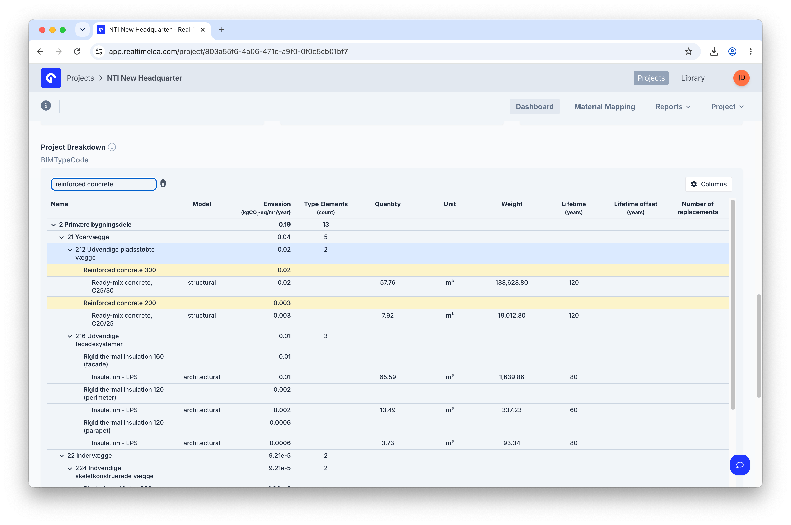 Project Breakdown with reinforced concrete typed in the search box, highlighting matching rows in yellow.
