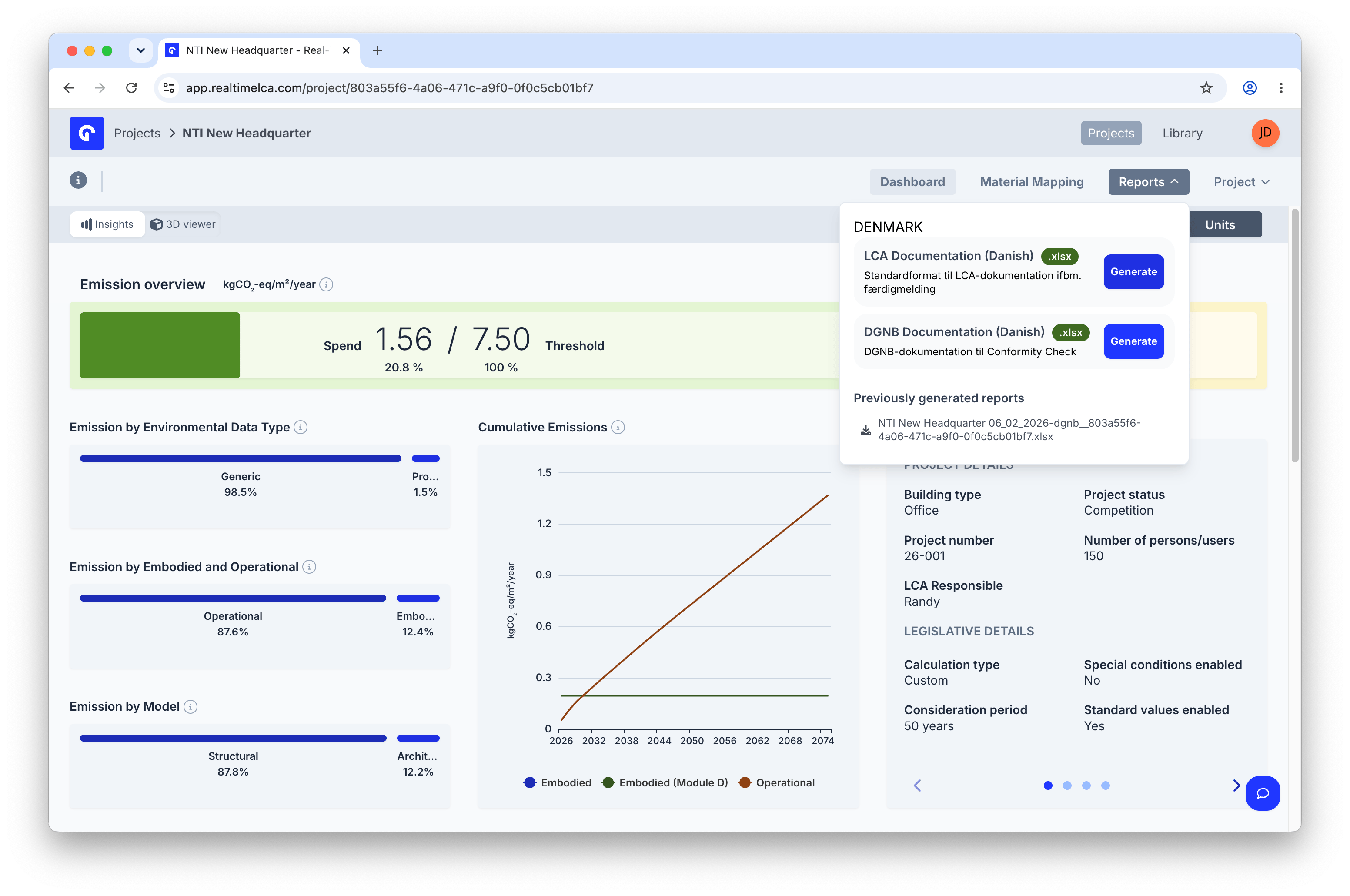 Reports dropdown for Denmark listing LCA Documentation (Danish) and DGNB Documentation (Danish) with Generate buttons and a list of previously generated reports.