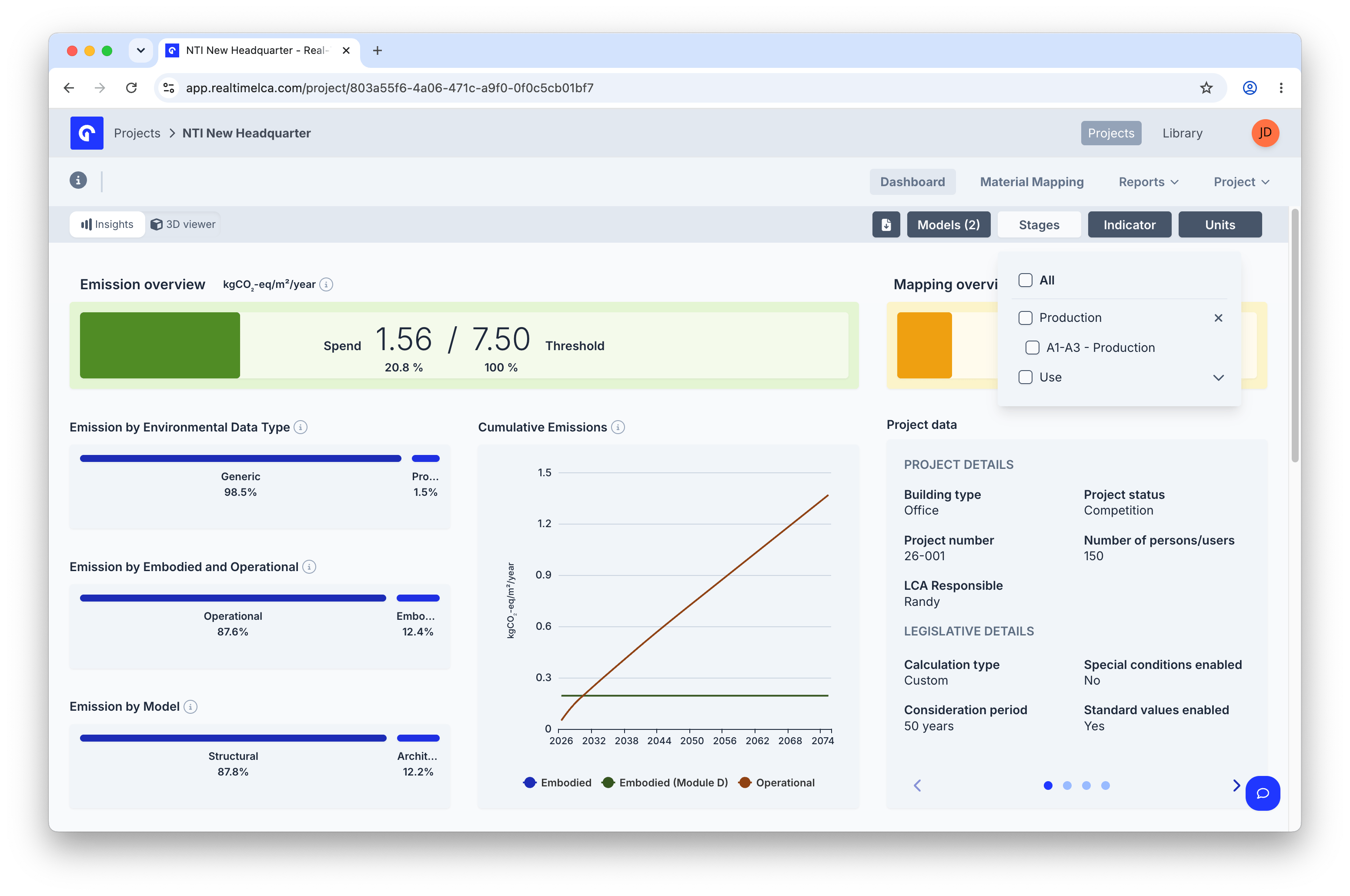 Stages filter open with All, Production, A1–A3 Production, and Use options.