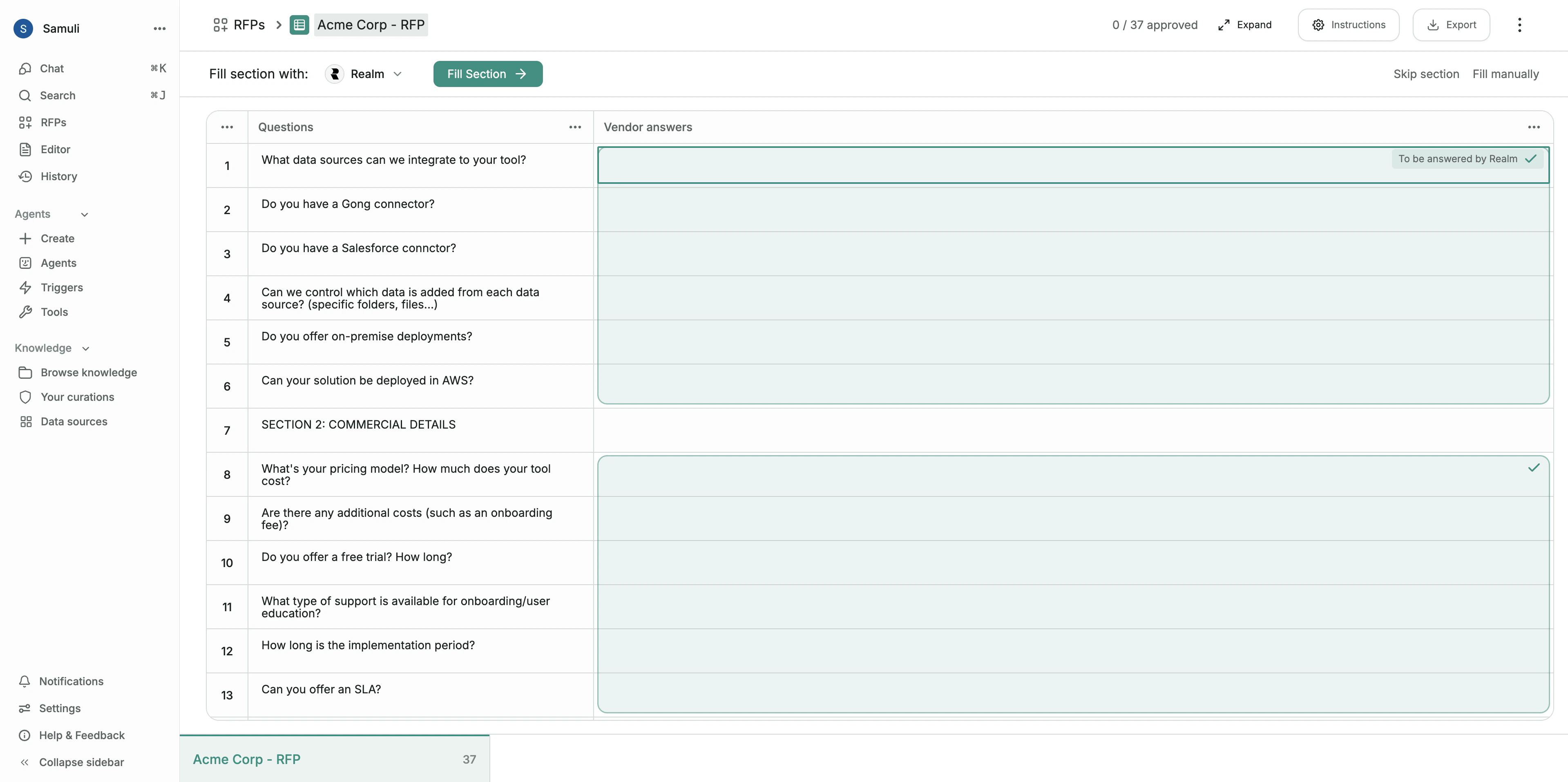 Answering questions in the RFP grid
