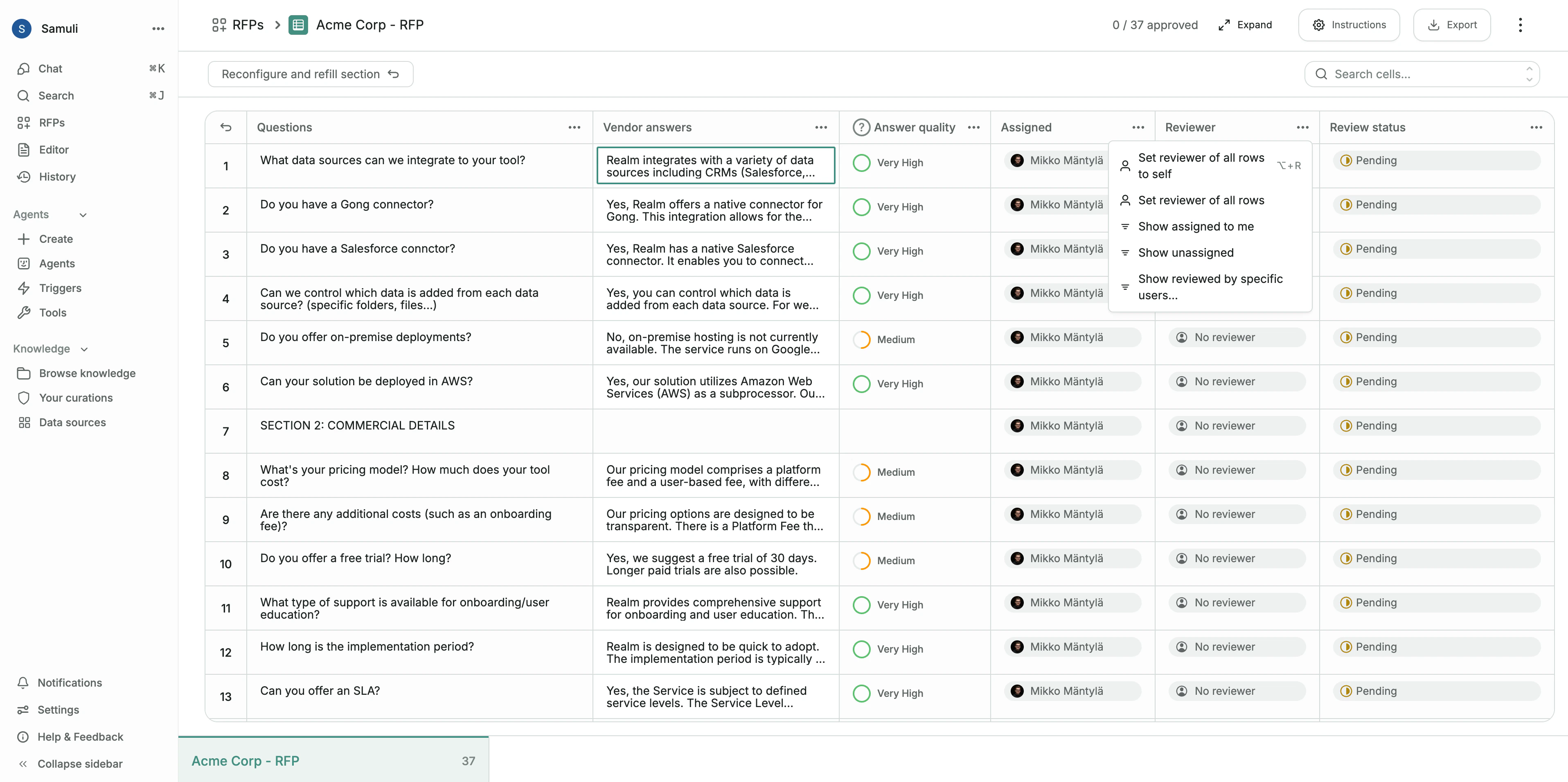 Collaboration in the RFP workspace