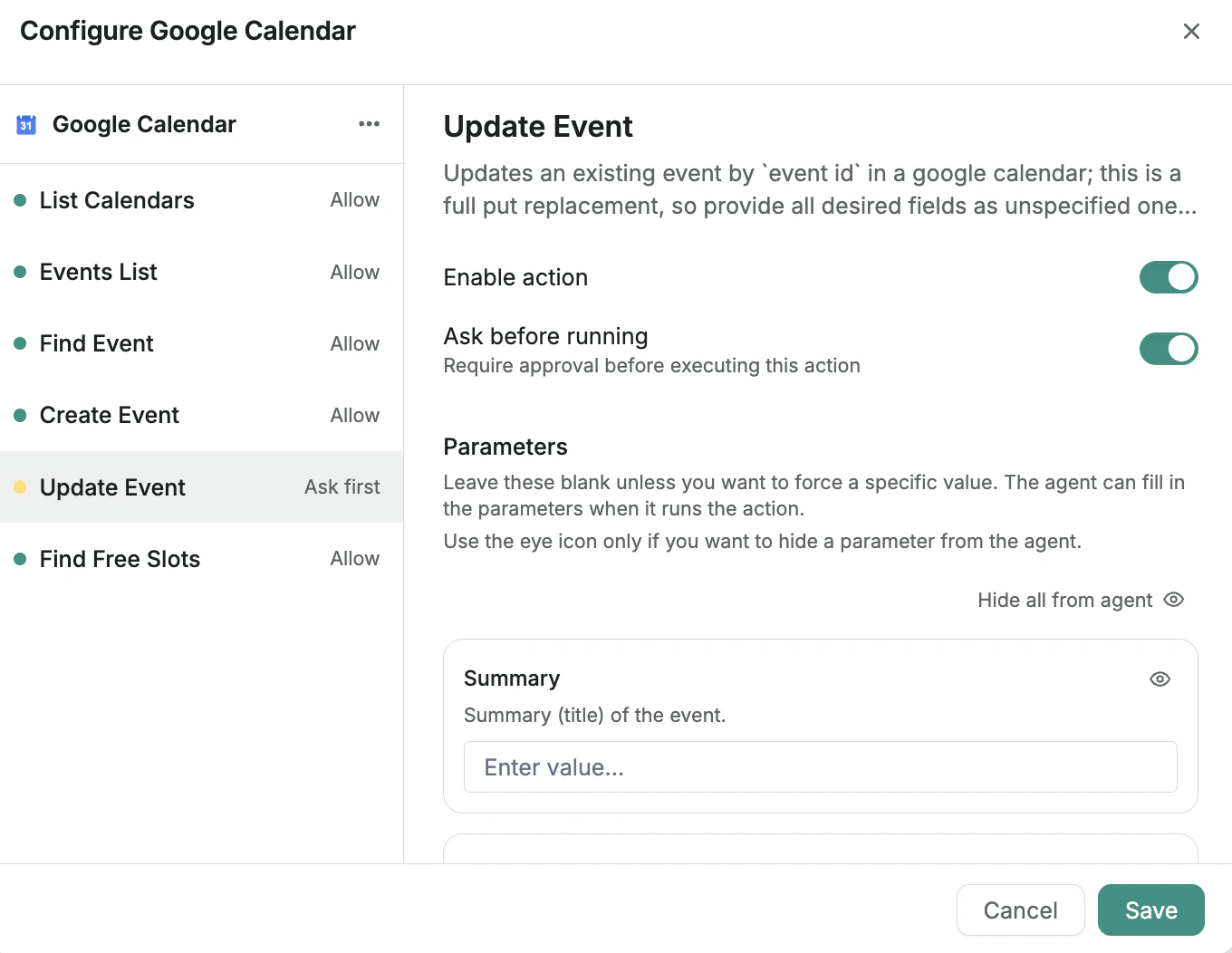 Per-agent action and parameter configuration