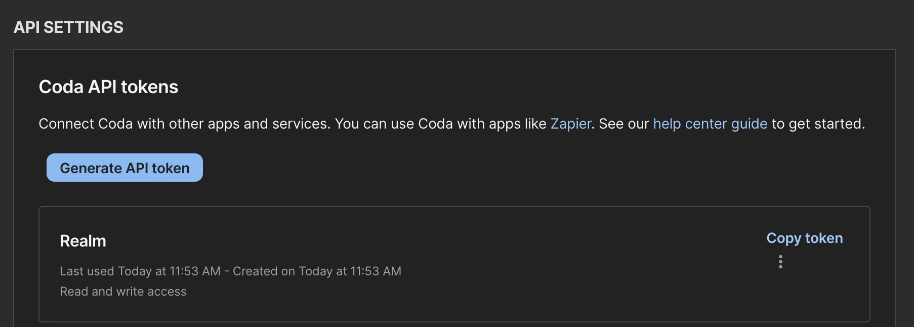 Coda API settings page showing the Generate API token button