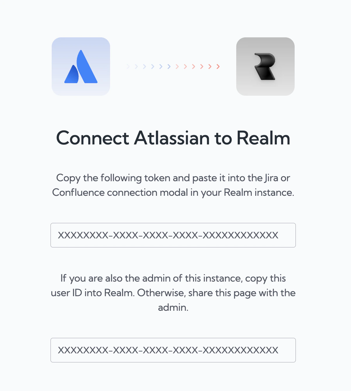 Atlassian Connect to Realm page showing the token to copy