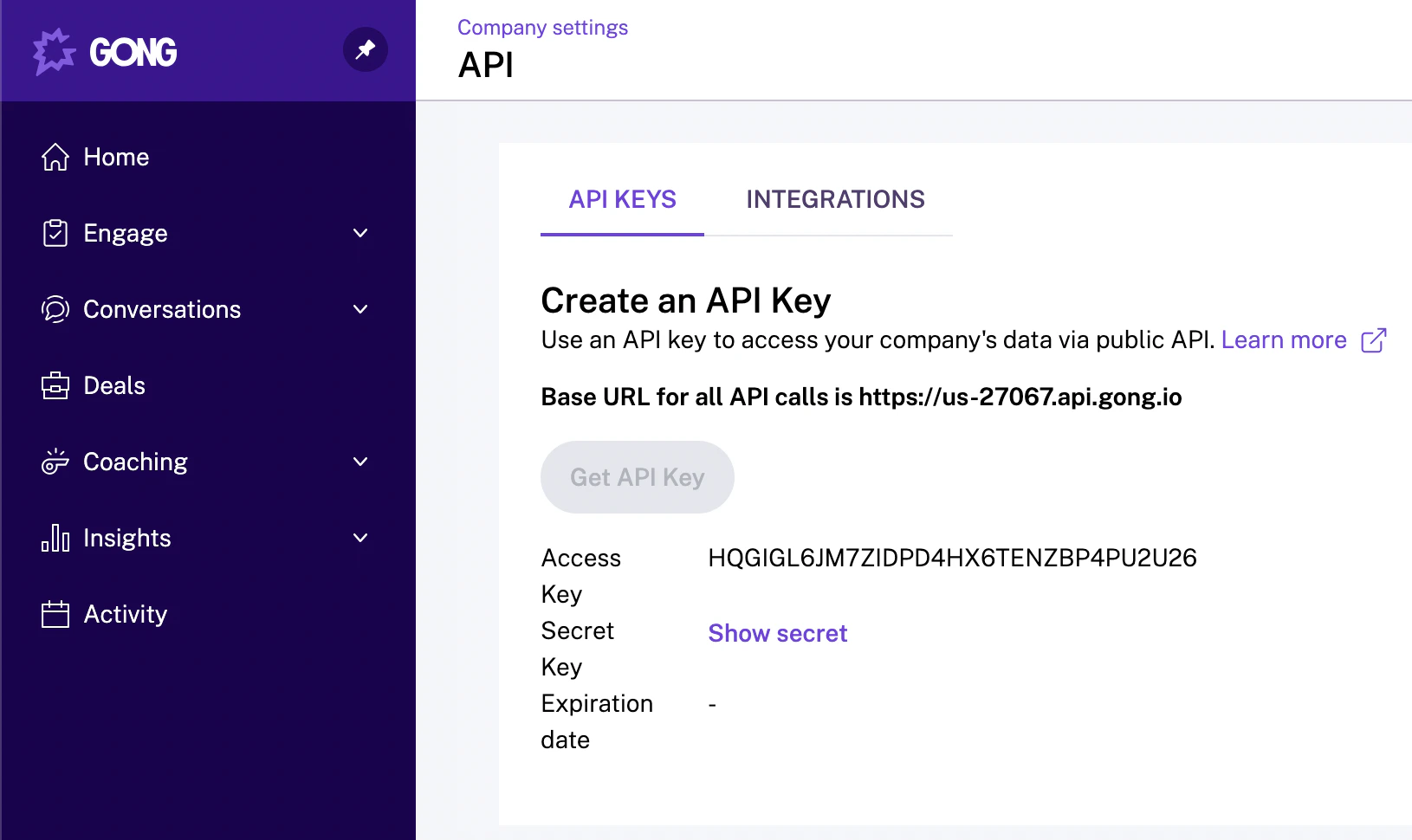 Gong API settings page showing the Get API Key button and credentials