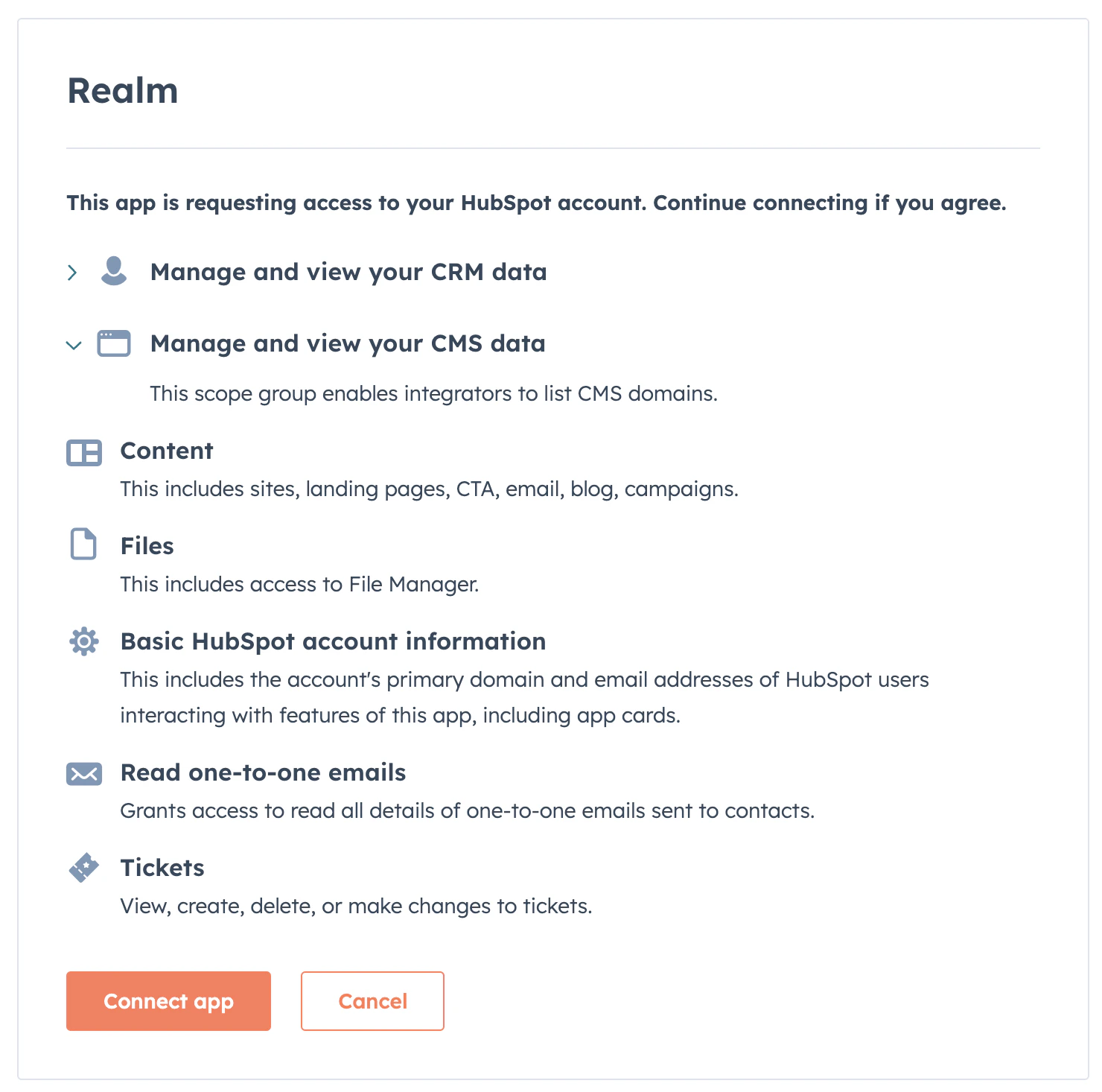 HubSpot OAuth screen showing the permissions Realm requests