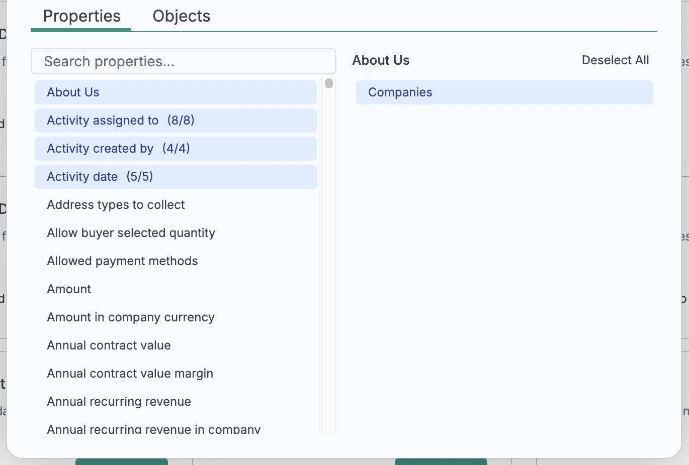 HubSpot property selection UI showing properties and objects tabs