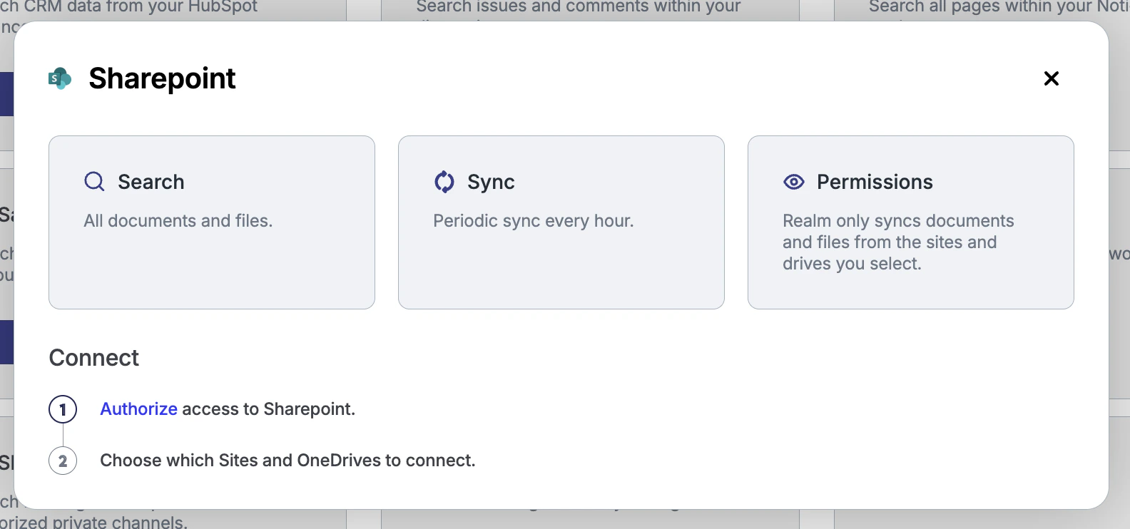 SharePoint data source page showing the two-step connection flow