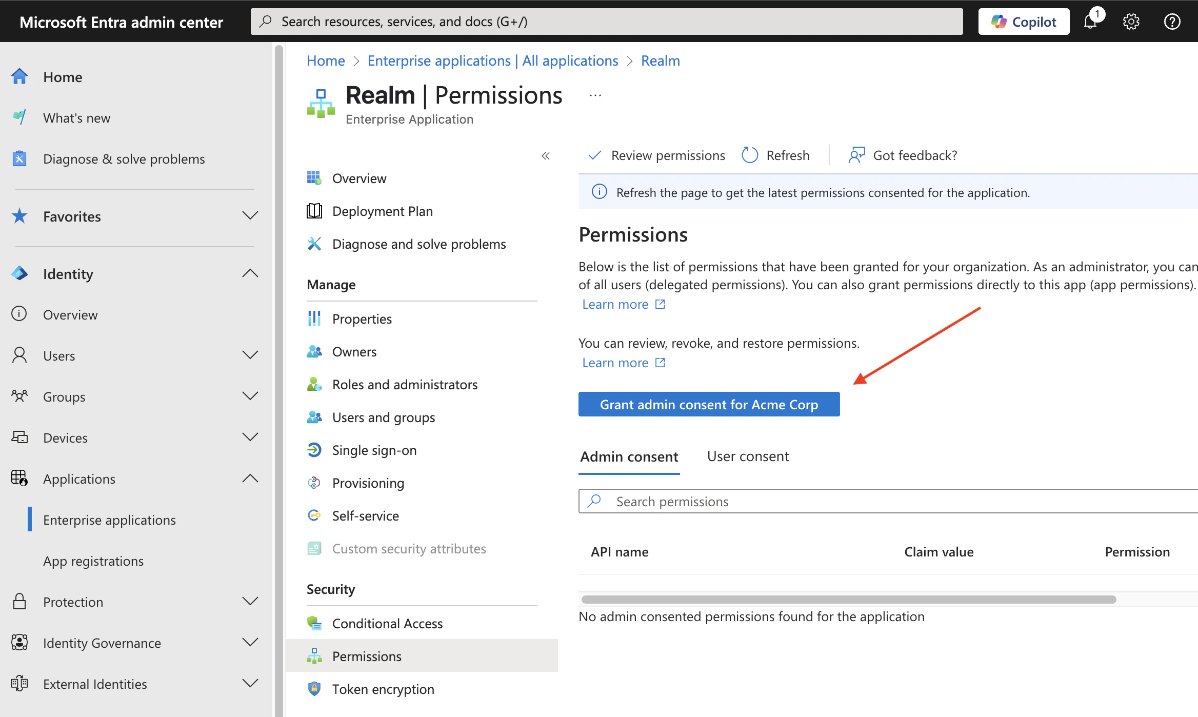 Microsoft Entra admin center showing the Grant admin consent button for Realm