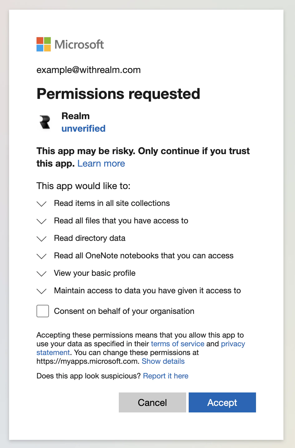 Microsoft OAuth consent screen requesting SharePoint permissions